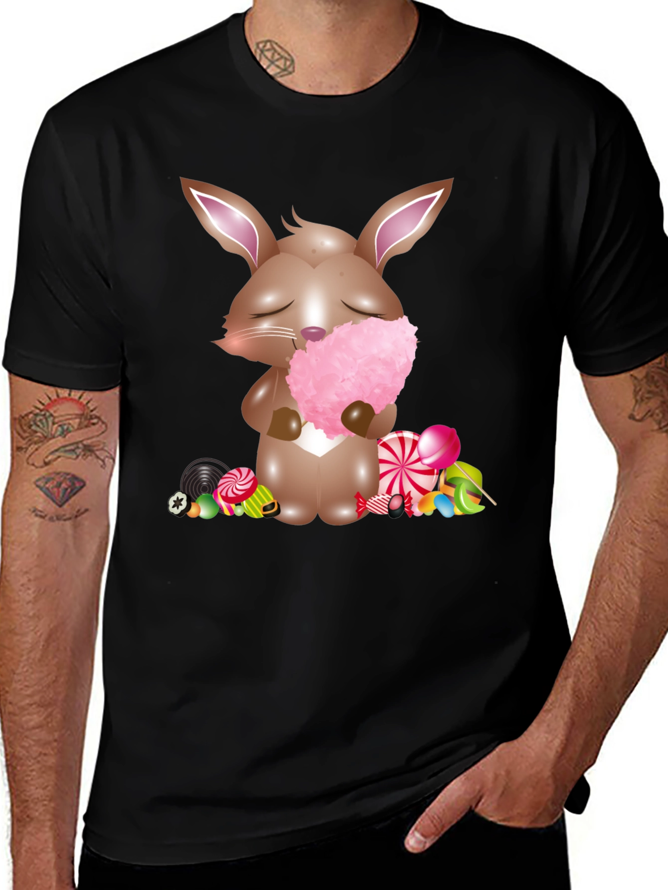 Bunny with Cotton Candy Black T-Shirt