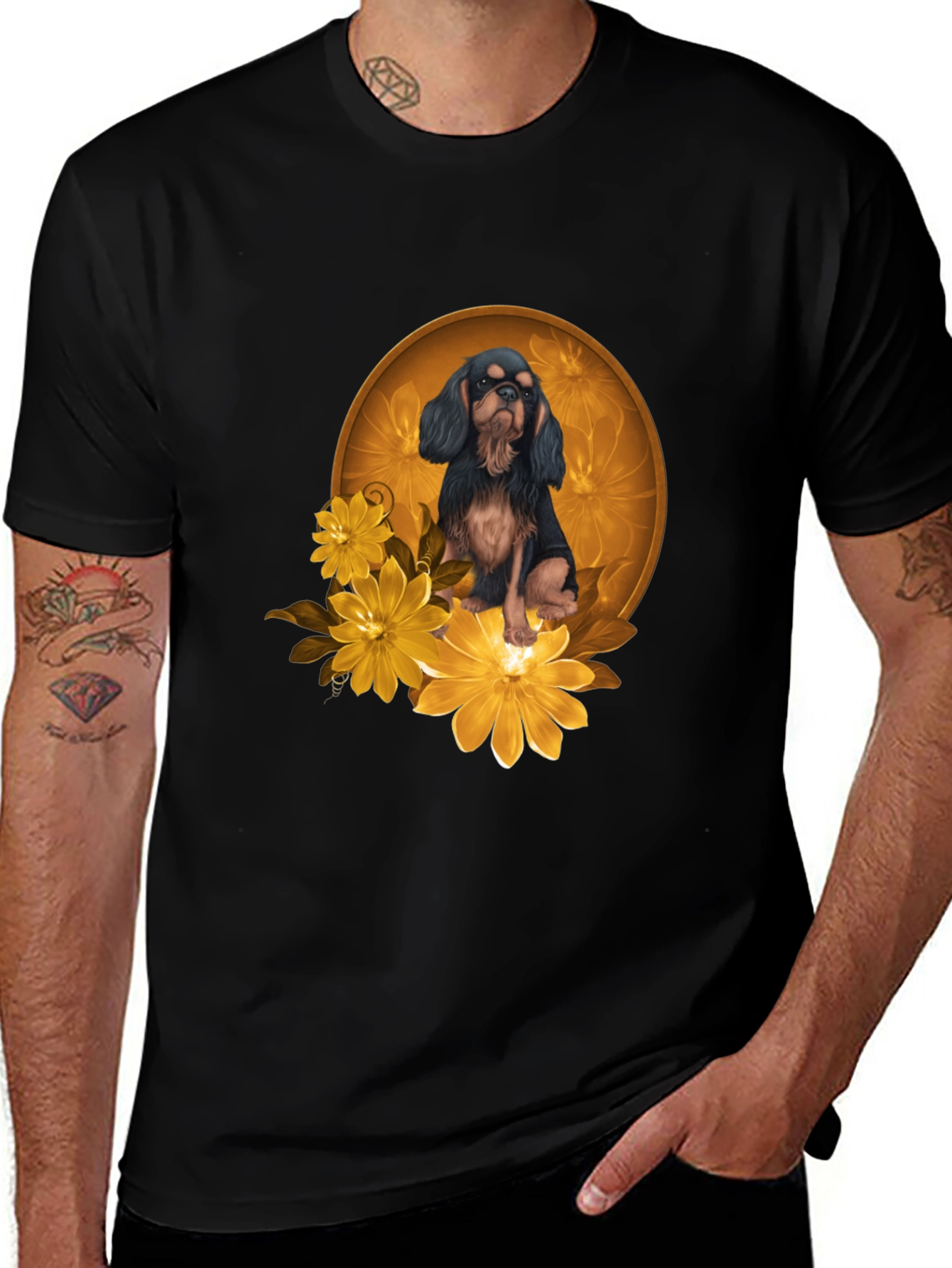 Variant 24 of Black T-Shirt with Cavalier Dog and Flowers