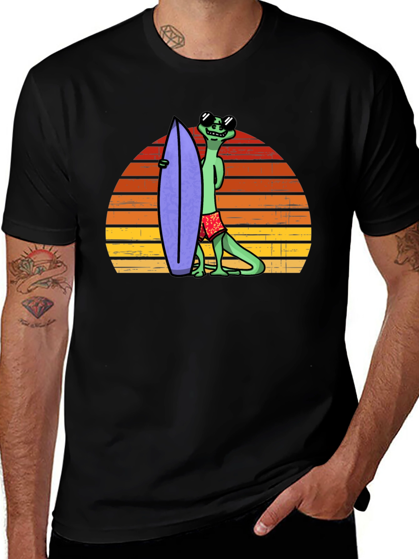 Variant 19 of Cool Lizard Surfboard T-Shirt - Retro Sunset Graphic Tee