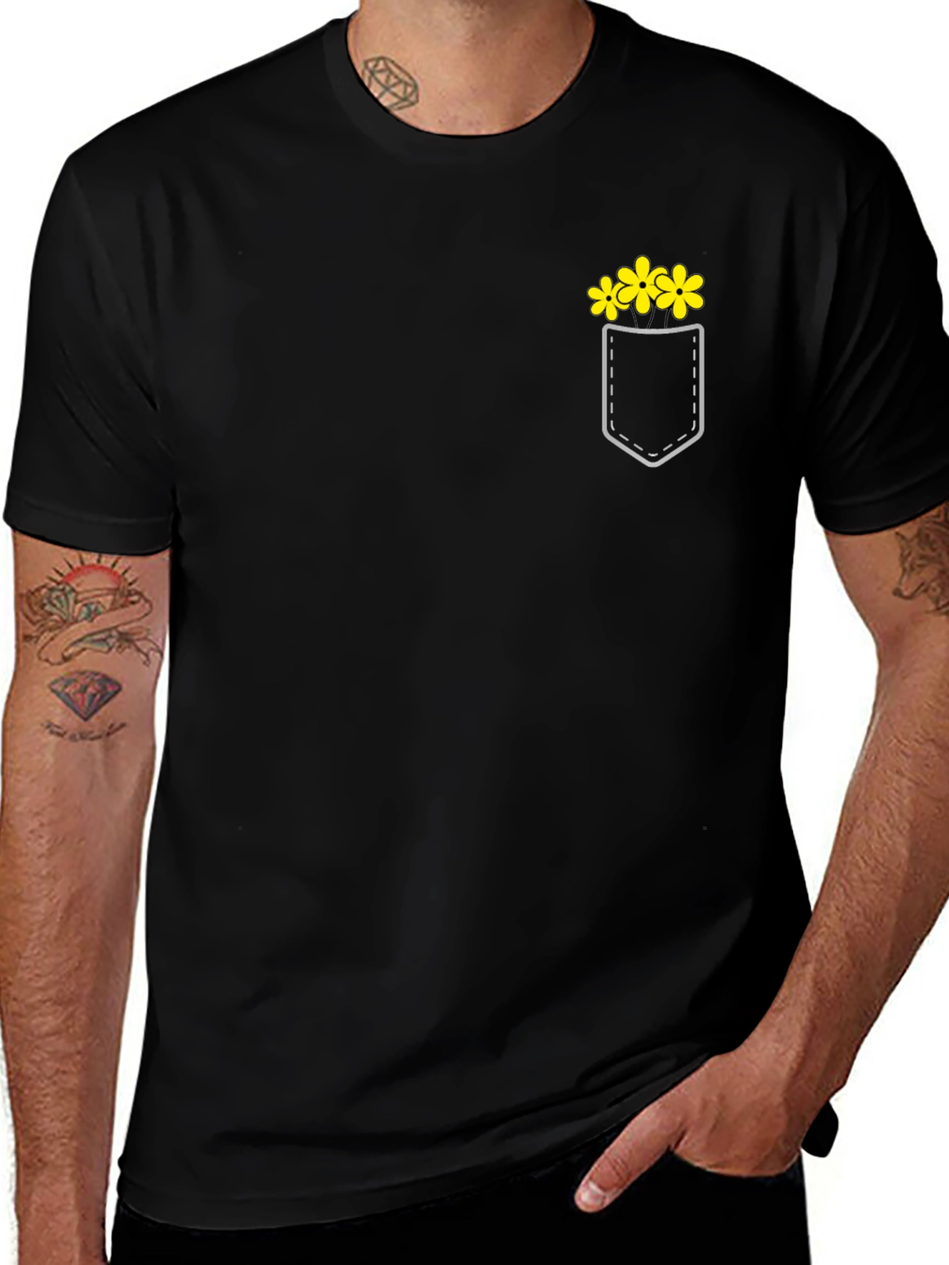 Variant 10 of Black Pocket Tee with Yellow Flower Design