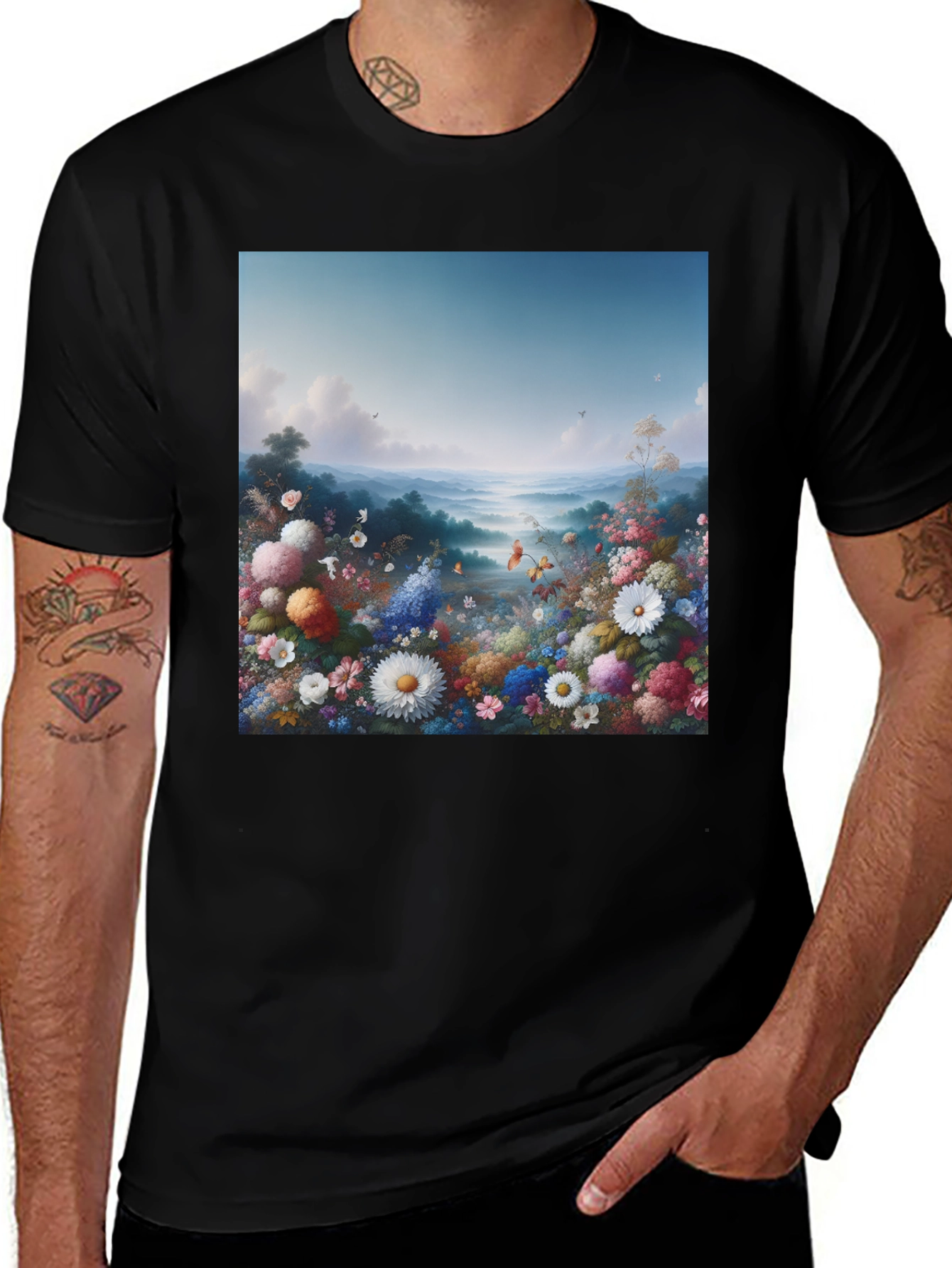Variant 20 of Floral Landscape Graphic Tee - Black Casual T-Shirt