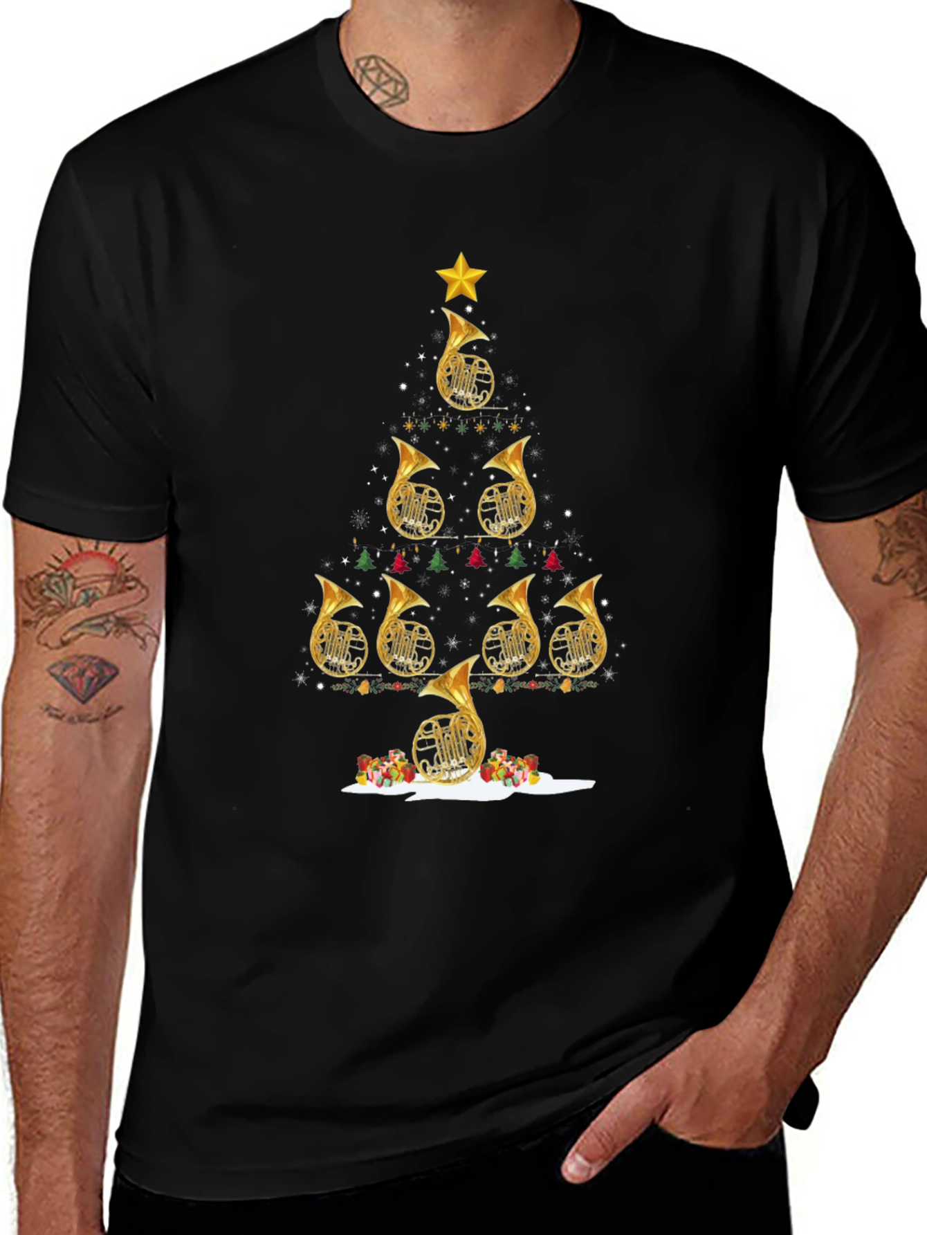 Variant 5 of French Horn Christmas Tree T-Shirt