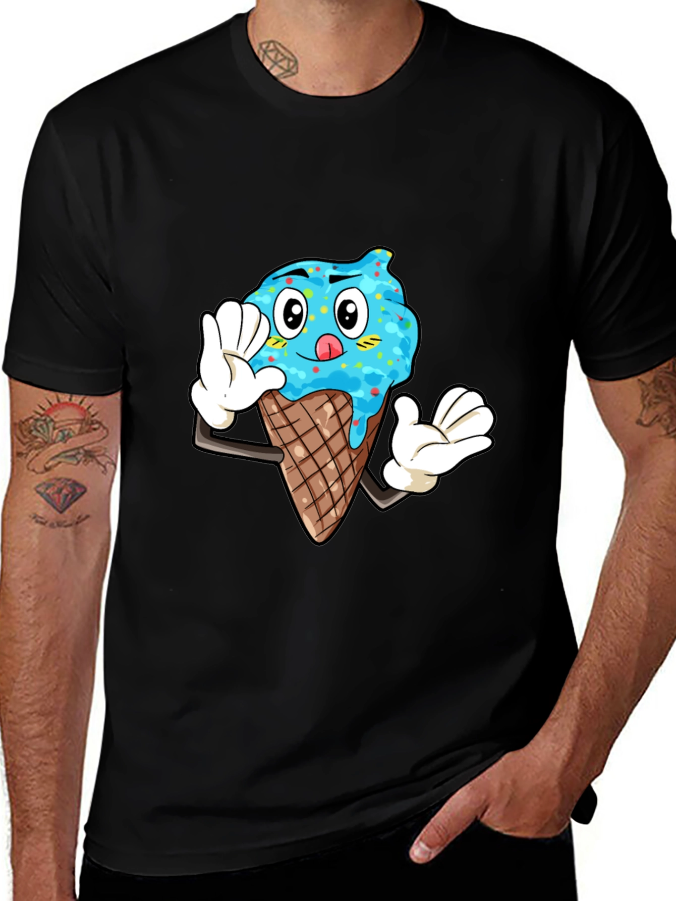 Ice Cream Cartoon Graphic Tee - Black Cotton T-Shirt