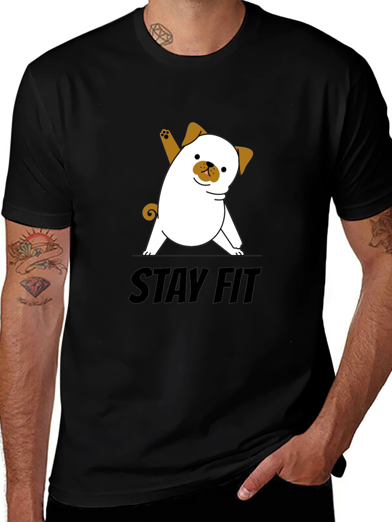 Variant 24 of Stay Fit Pug Yoga Black T-Shirt