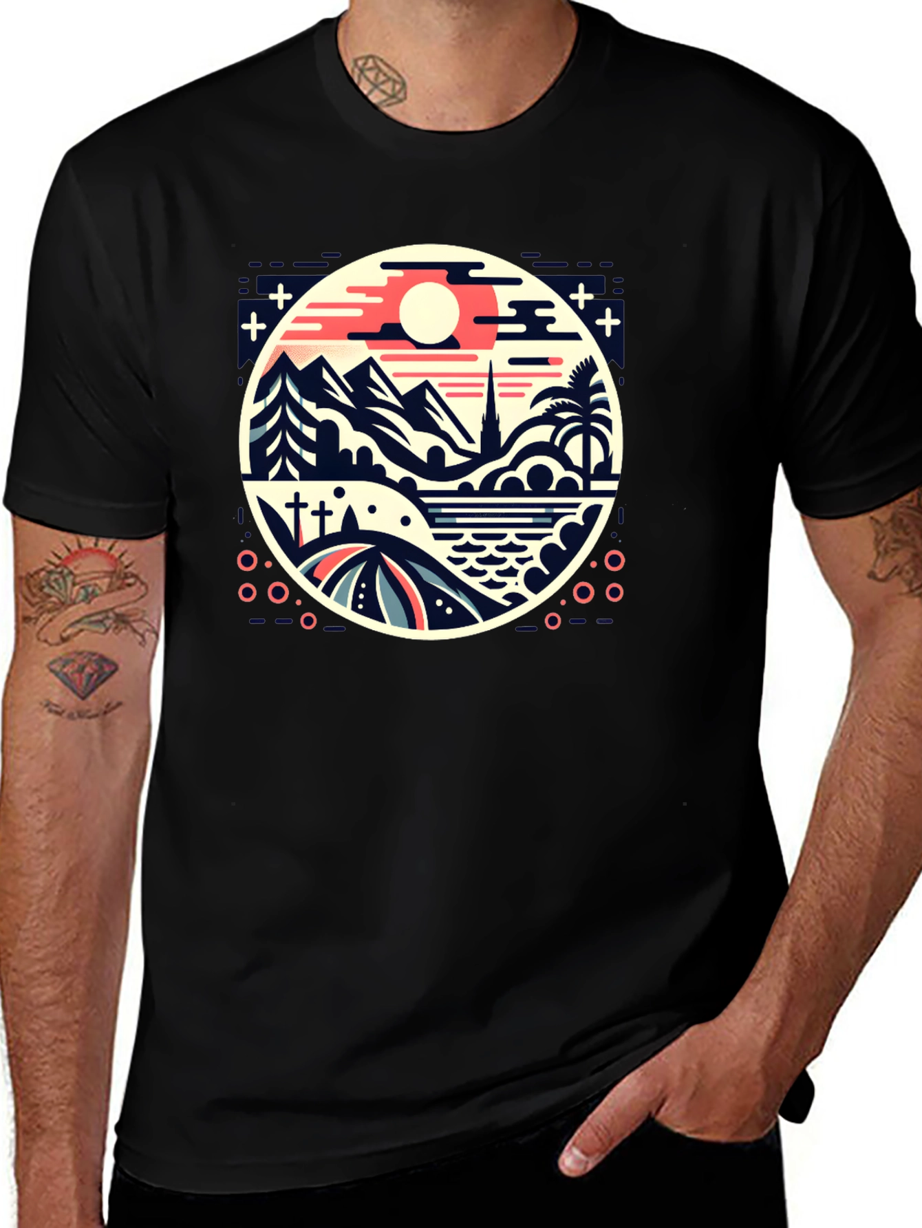 Variant 17 of Retro Landscape Graphic Tee - Black Cotton Blend