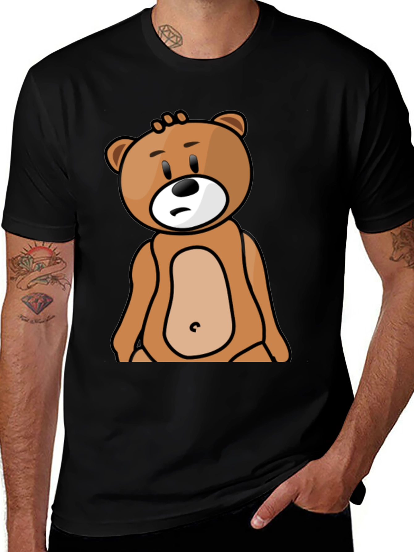 Variant 4 of Cartoon Bear Graphic Tee - Black Cotton T-Shirt