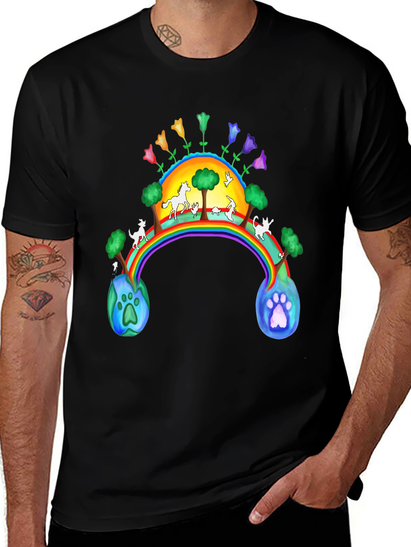 Variant 27 of Rainbow Bridge Earth Paw Print Black T-Shirt