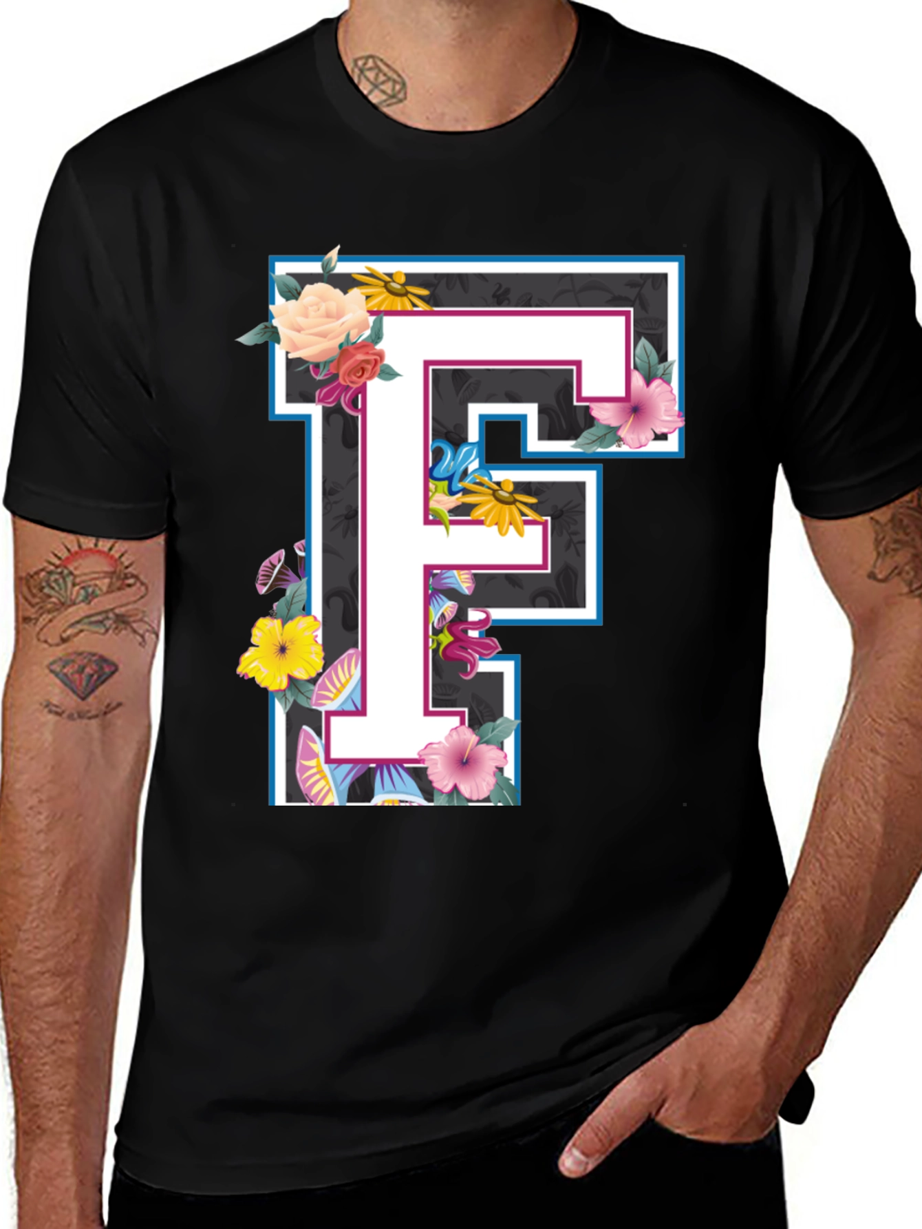 Variant 10 of Floral Letter F Black T-Shirt