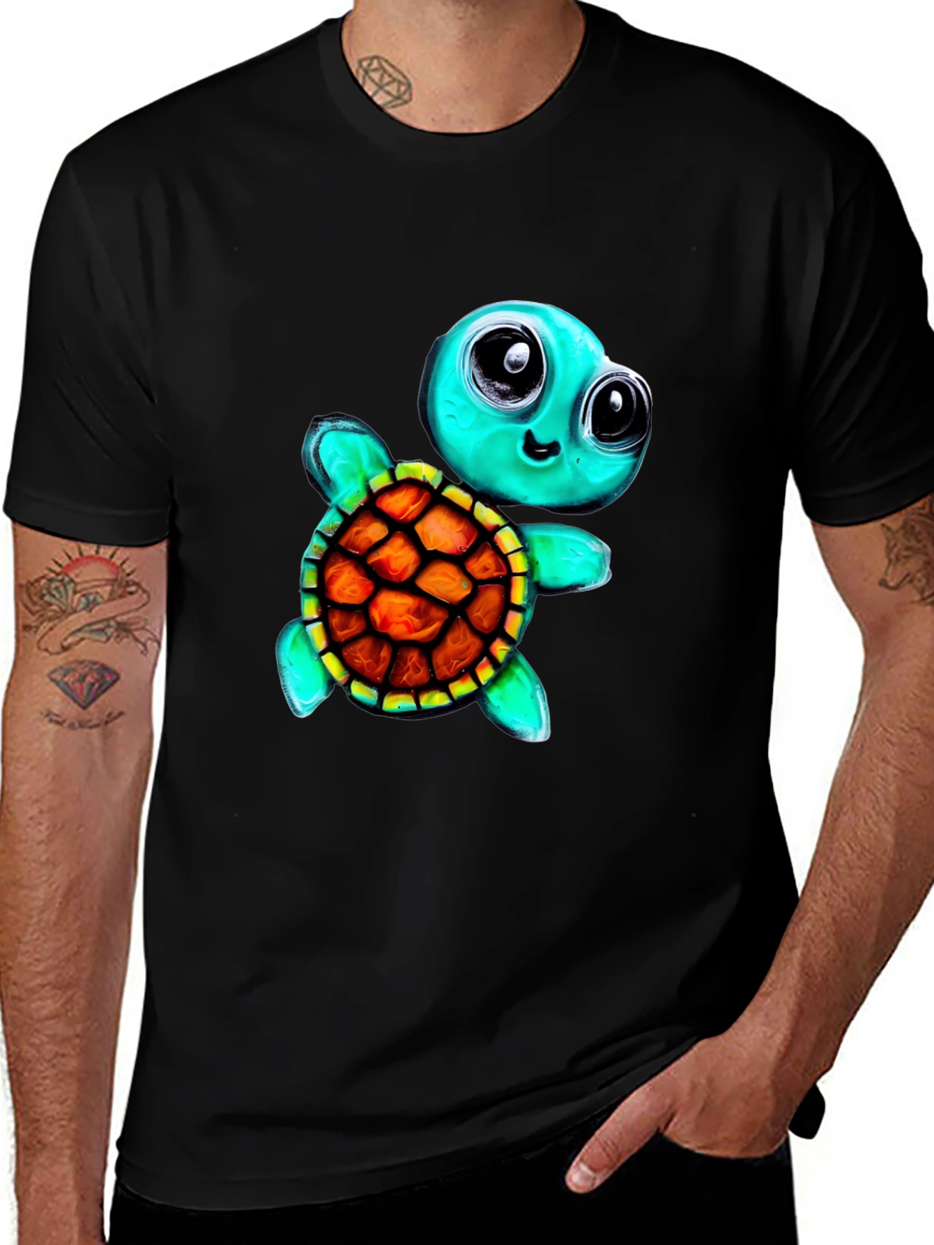 Black Cartoon Turtle Graphic Tee - Men's Black T-Shirt main image