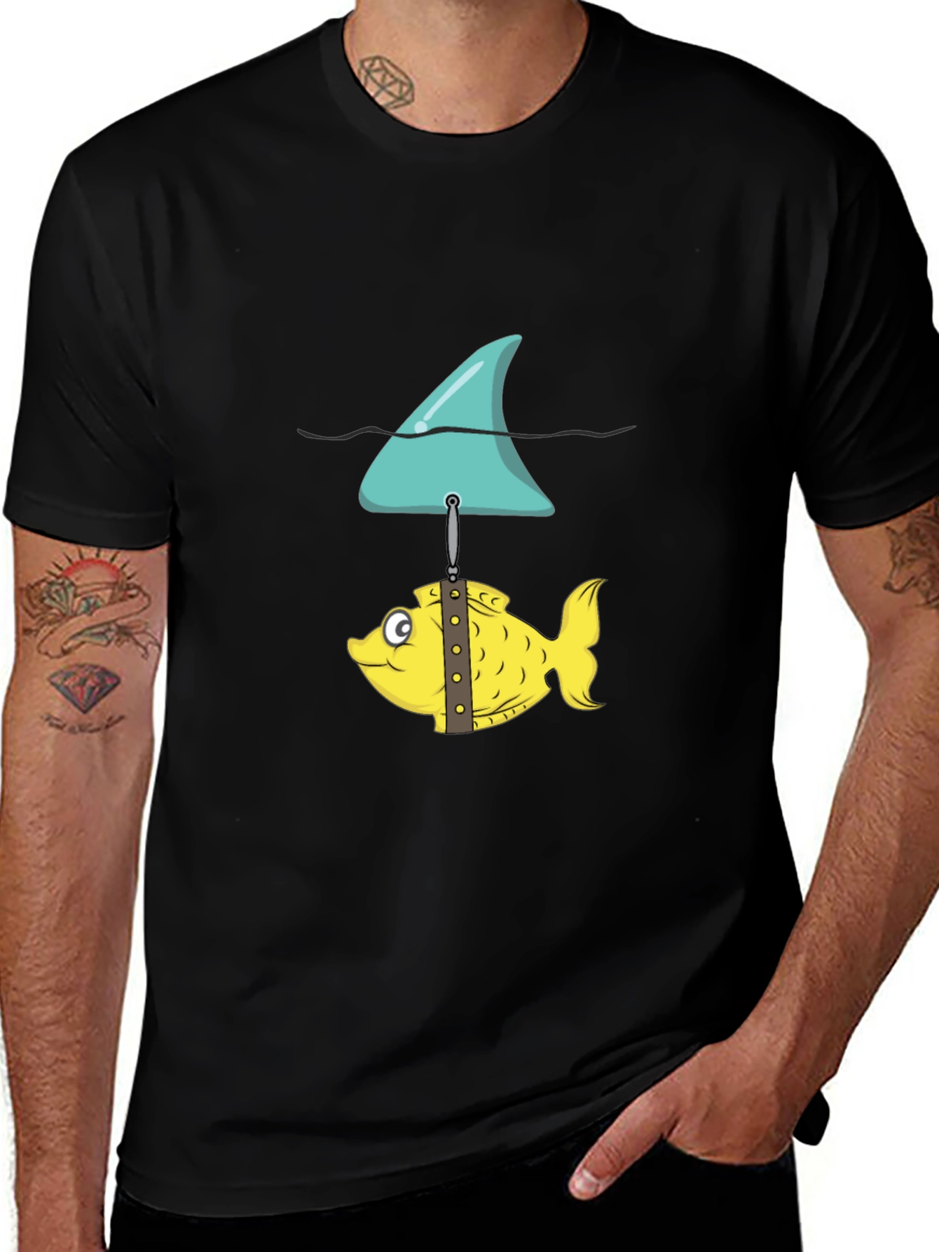 Black Funny Fish and Shark Fin Graphic T-Shirt main image