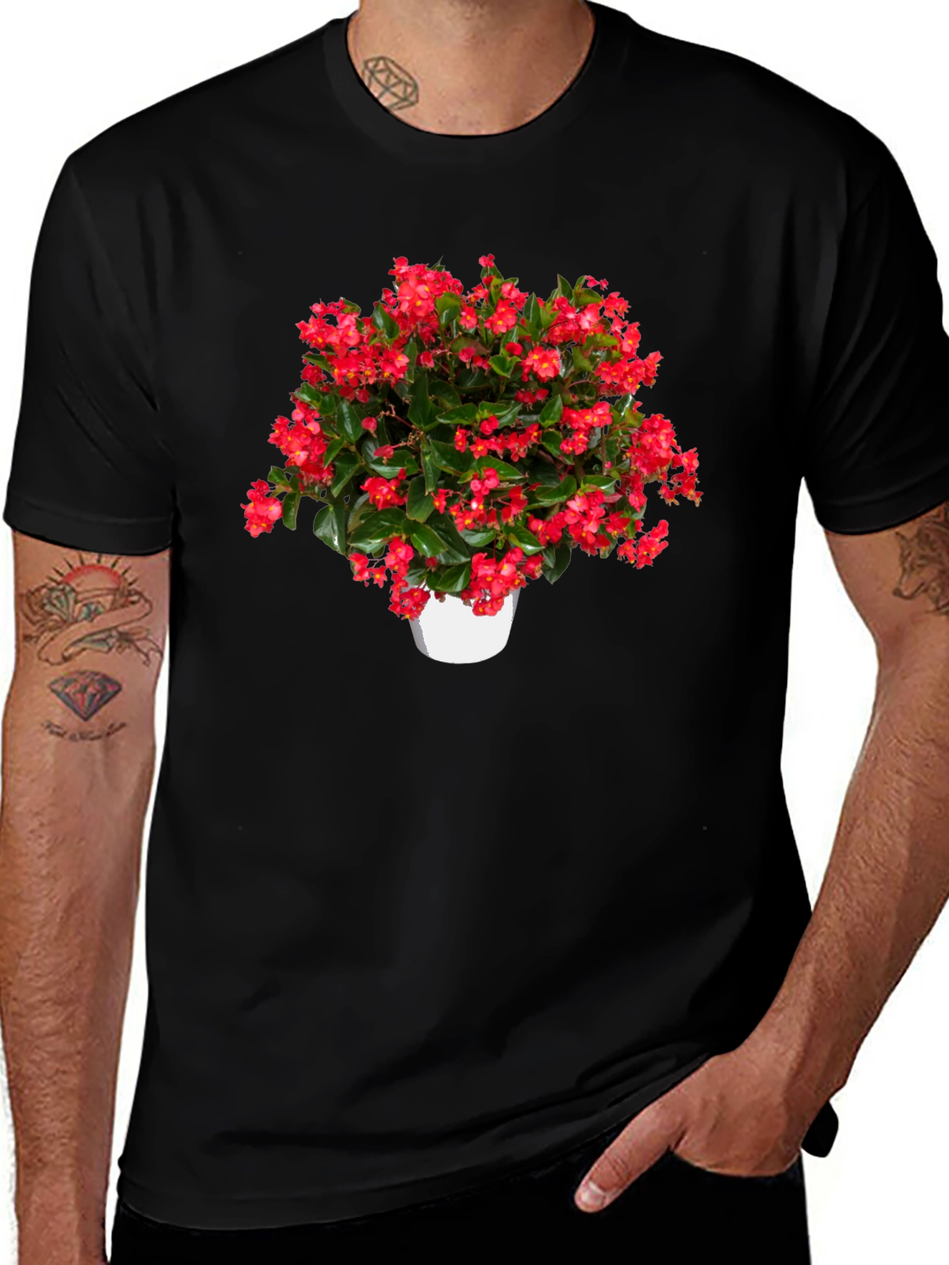 Variant 17 of Floral Print T-Shirt: Red Begonias in White Pot
