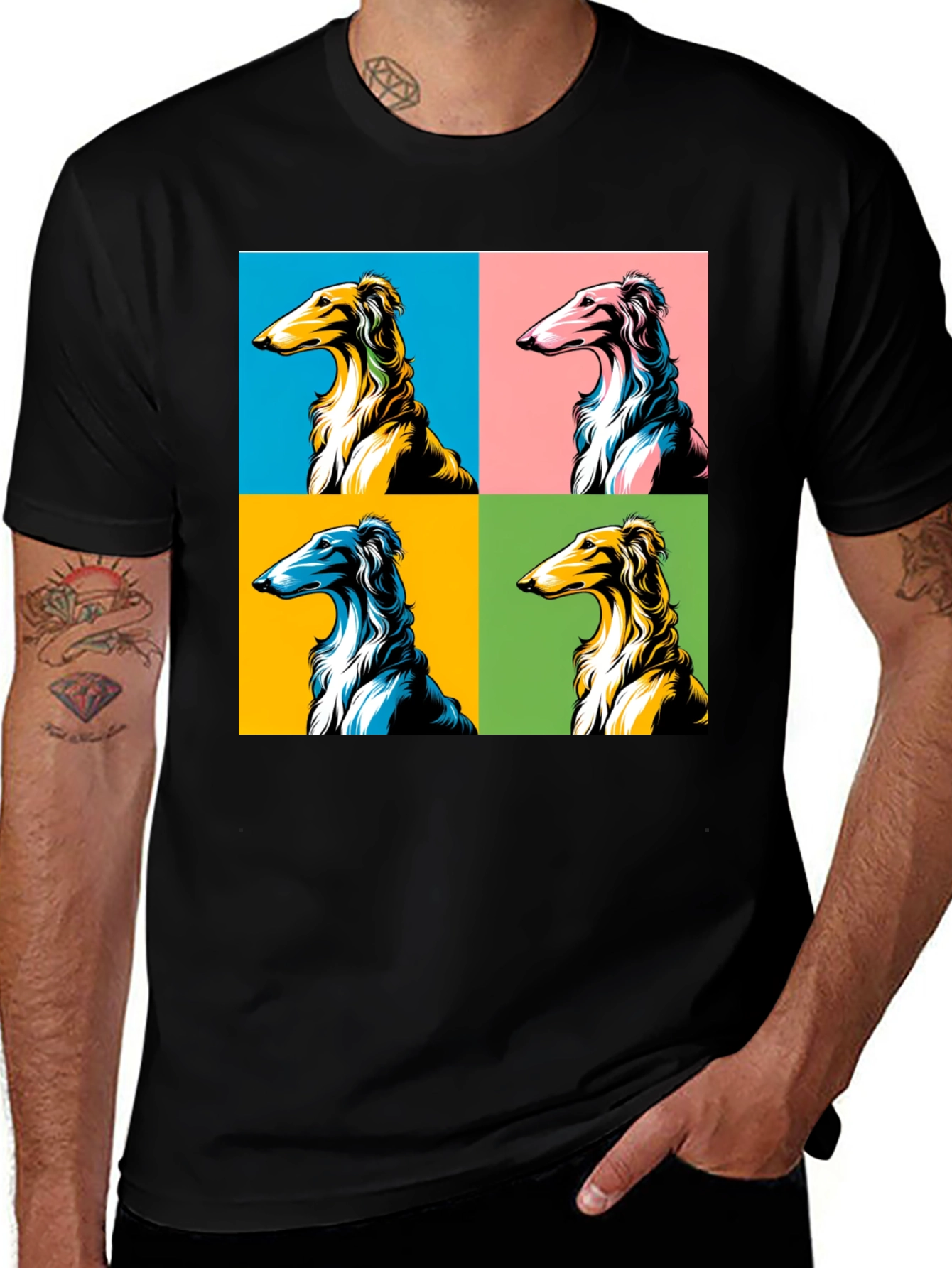 Pop Art Borzoi Dog Graphic Tee - Unisex Black T-Shirt