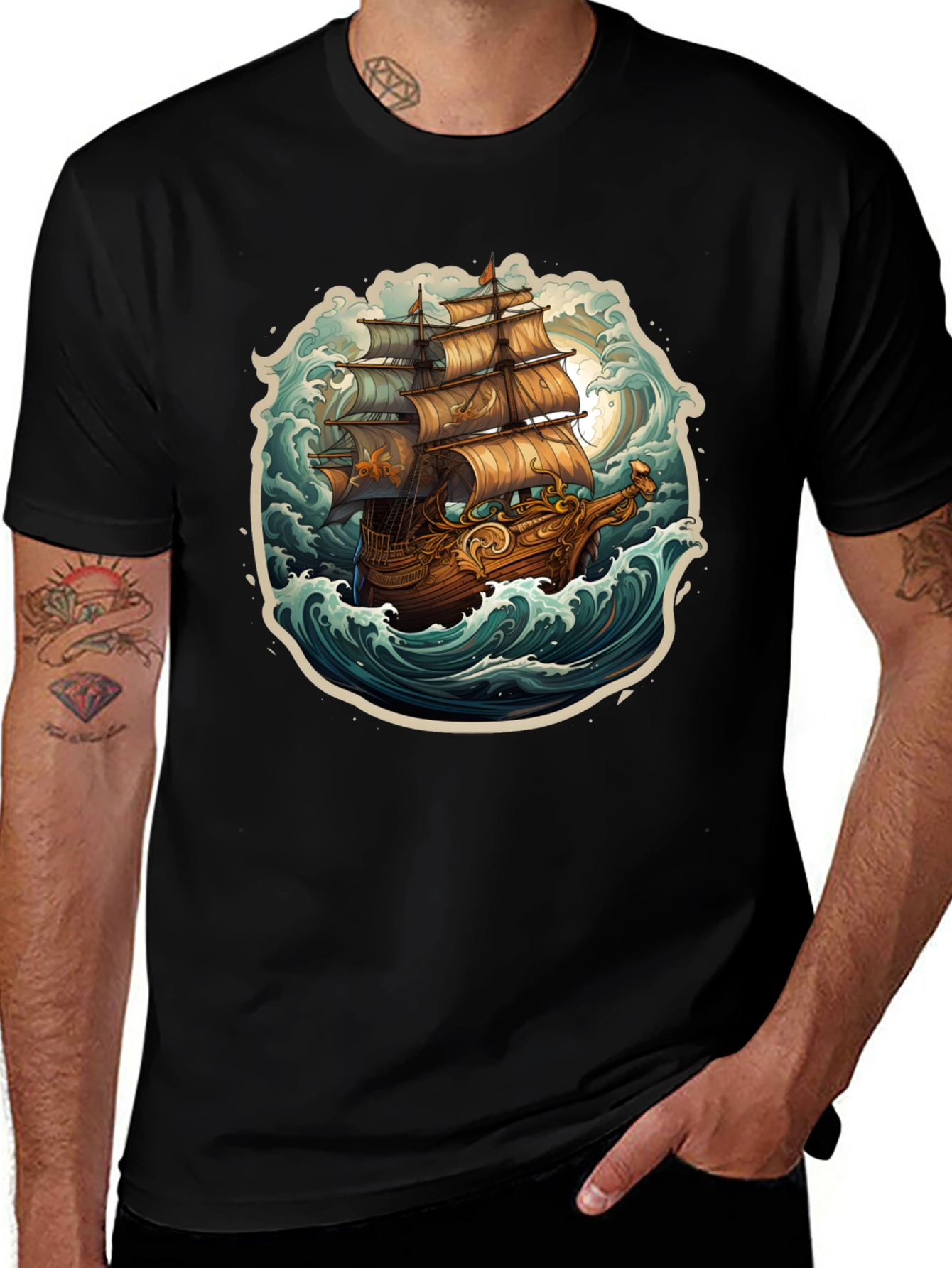 Variant 28 of Nautical Ship Graphic T-Shirt - Black