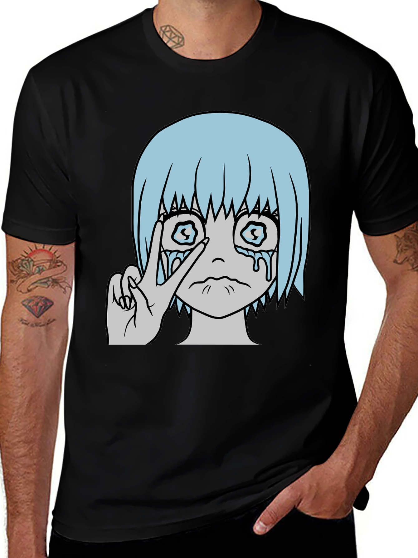 Variant 22 of Crying Anime Girl Peace Sign Black T-Shirt