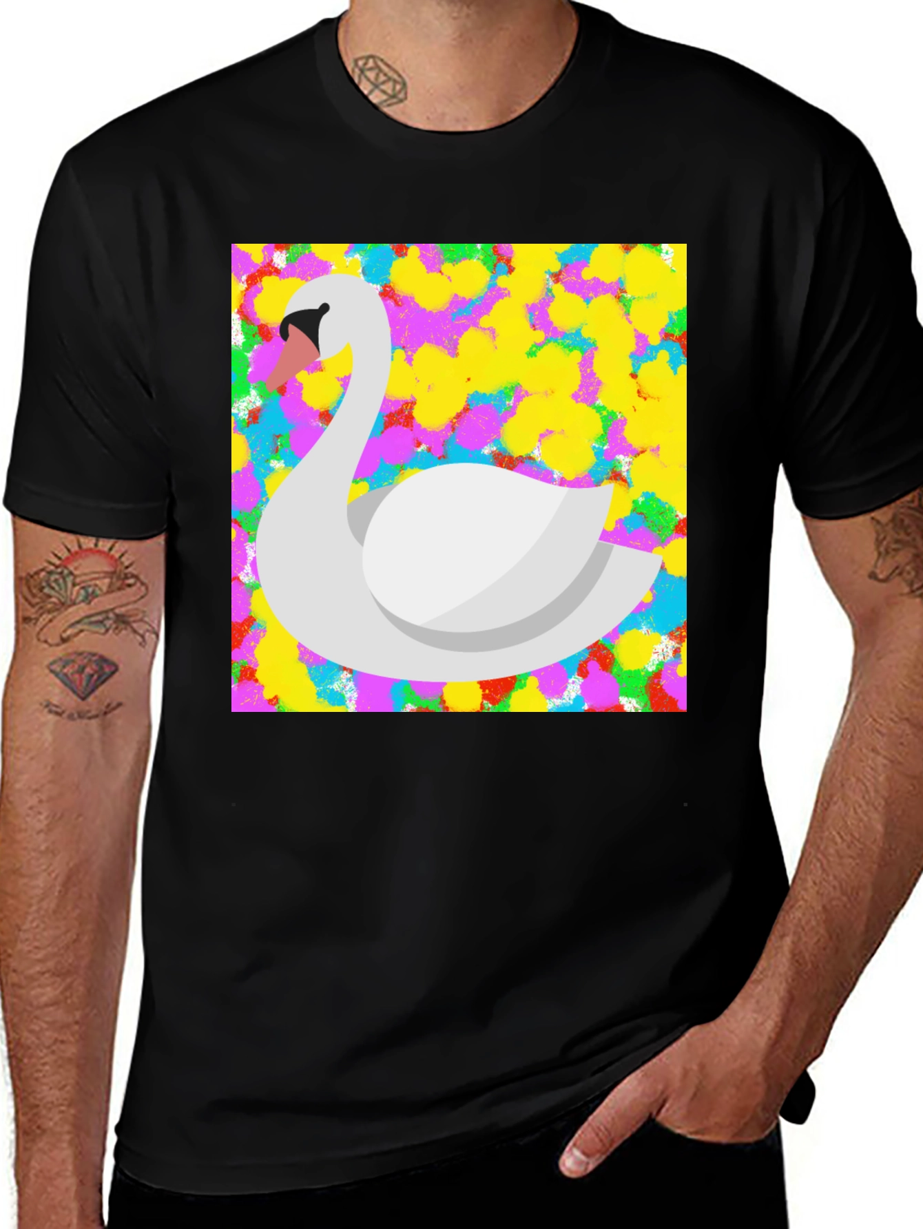 Variant 9 of Swan Graphic Tee - Colorful Design, Black T-Shirt