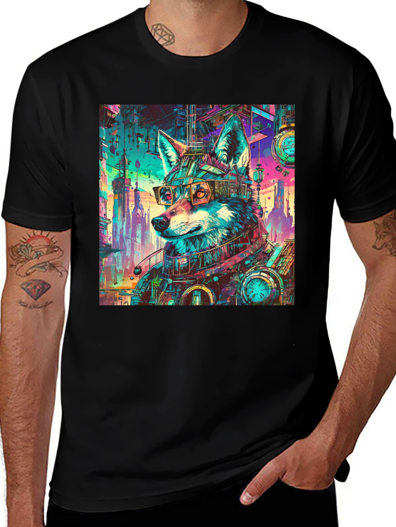 Variant 19 of Cyberpunk Wolf Graphic Tee - Cool Animal Design
