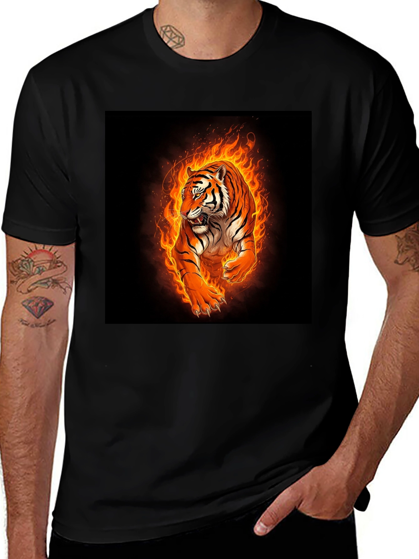 Variant 26 of Fiery Tiger Graphic Tee - Black Cotton T-Shirt
