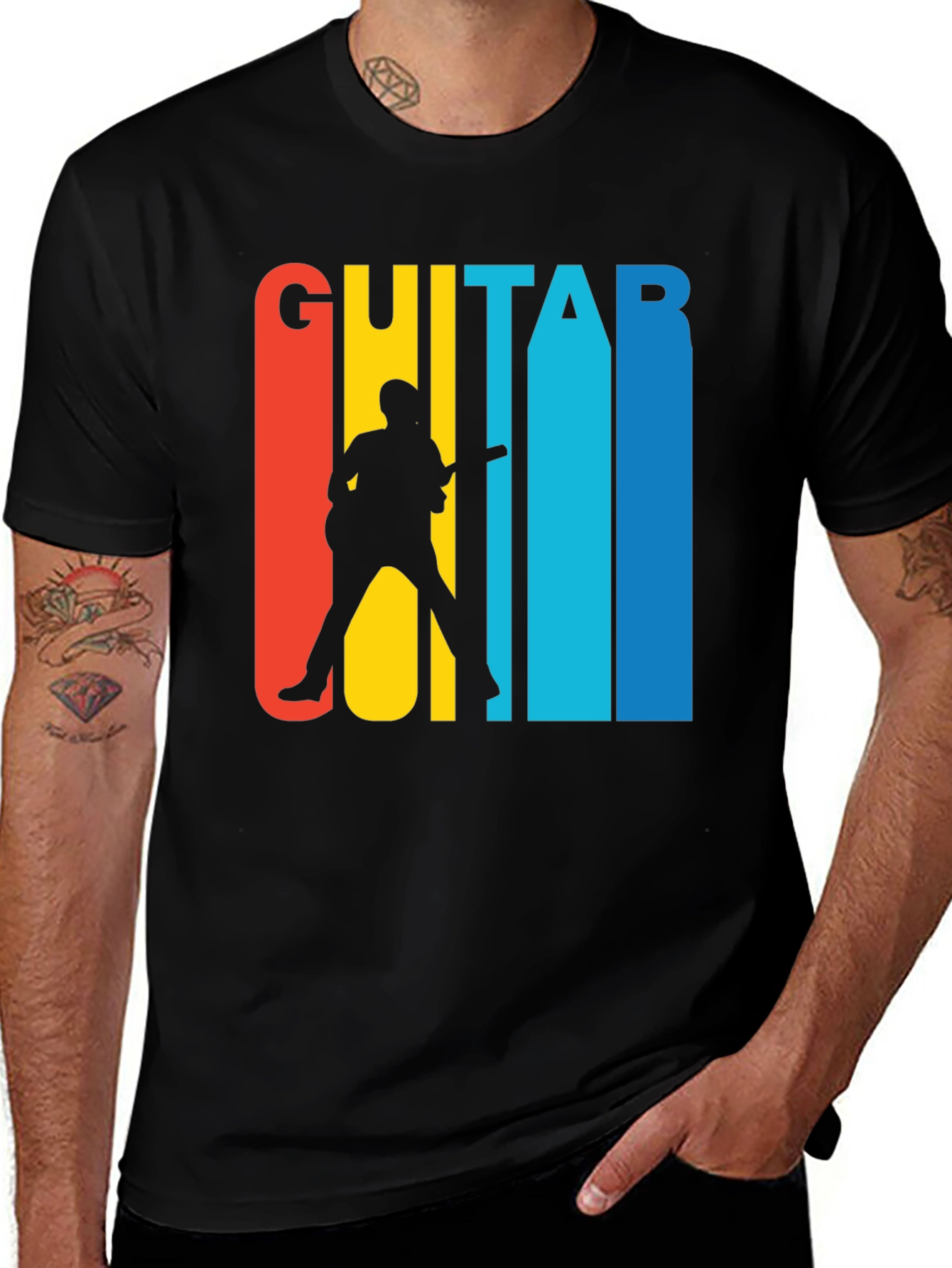 Variant 29 of Retro Guitar Player Graphic Tee - Black Cotton T-Shirt