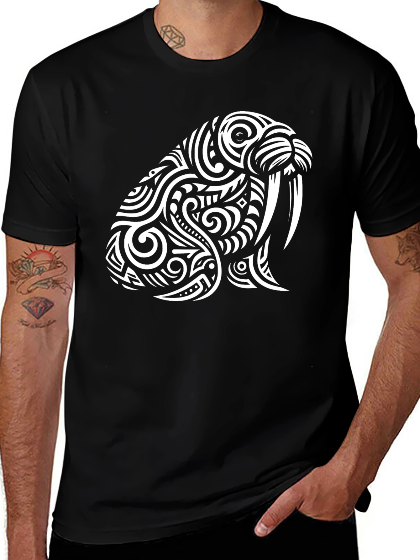 Tribal Walrus Graphic Tee - Black Cotton T-Shirt