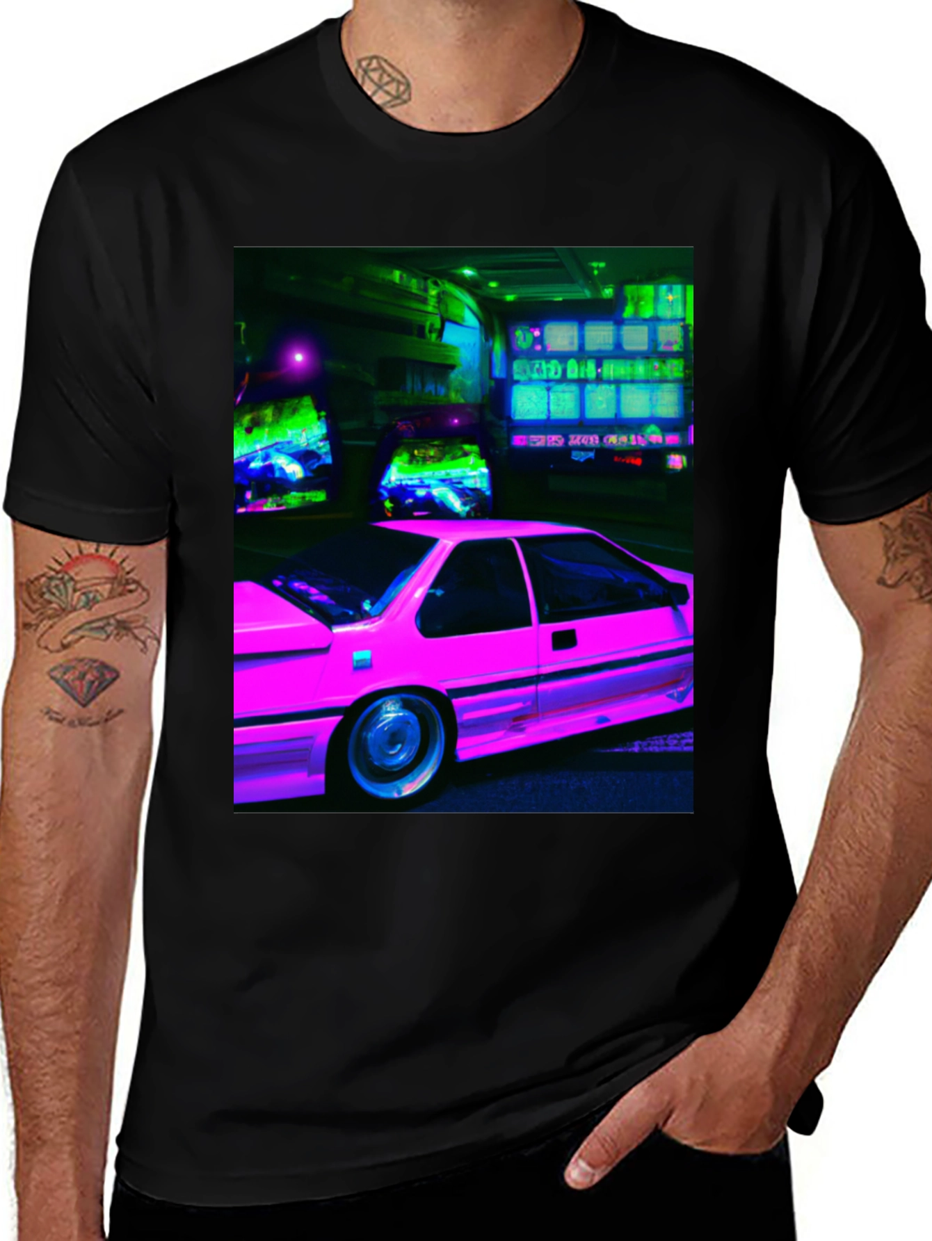Retro Neon Car Black T-Shirt