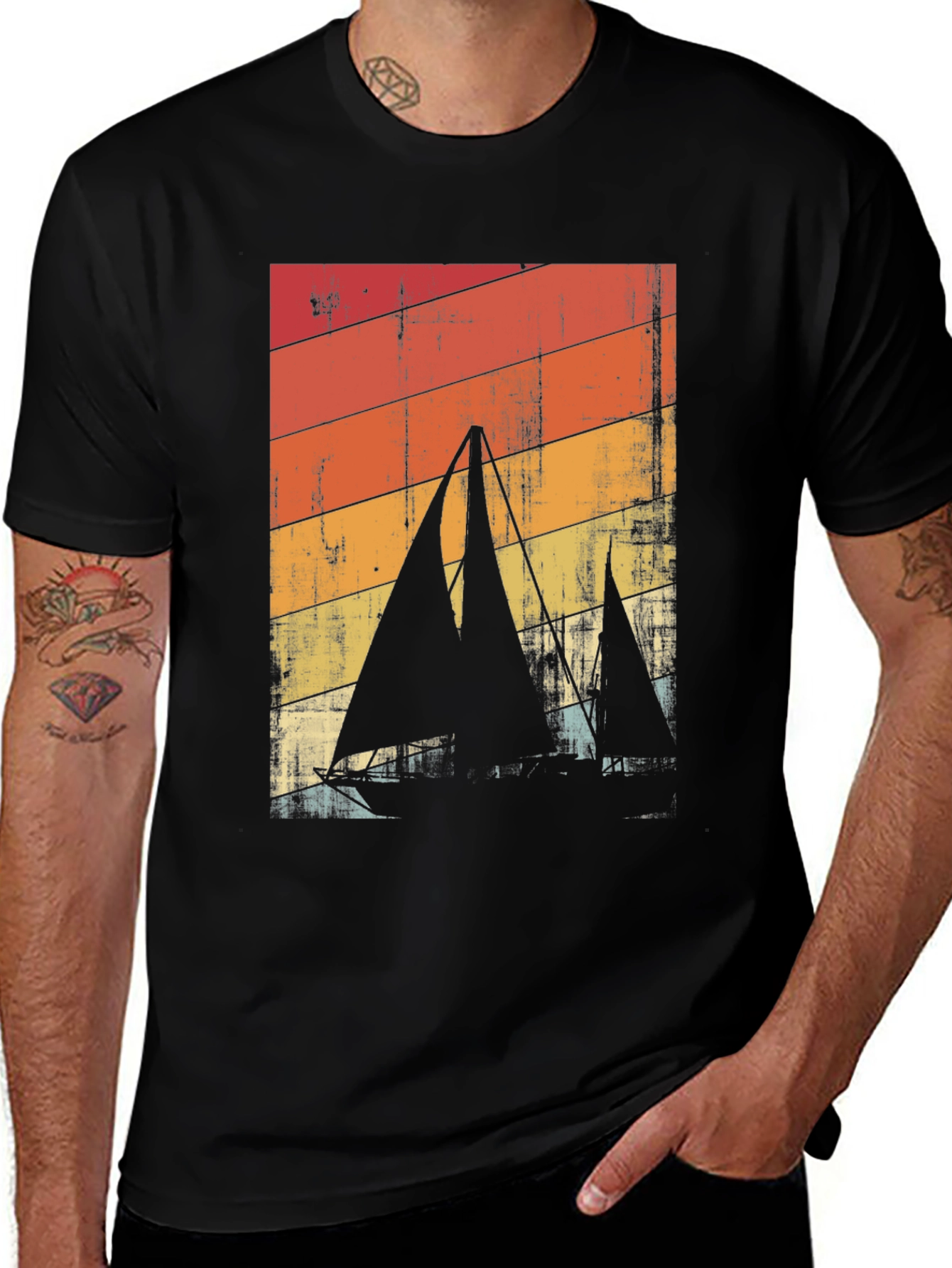 Variant 8 of Retro Sailboat Graphic Tee - Black Cotton Blend