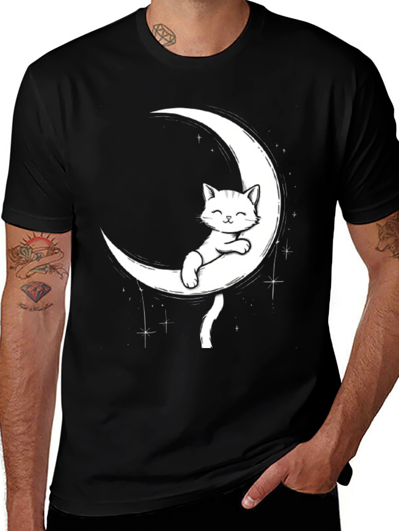 Variant 26 of Cute Cat on Moon Graphic Tee - Black