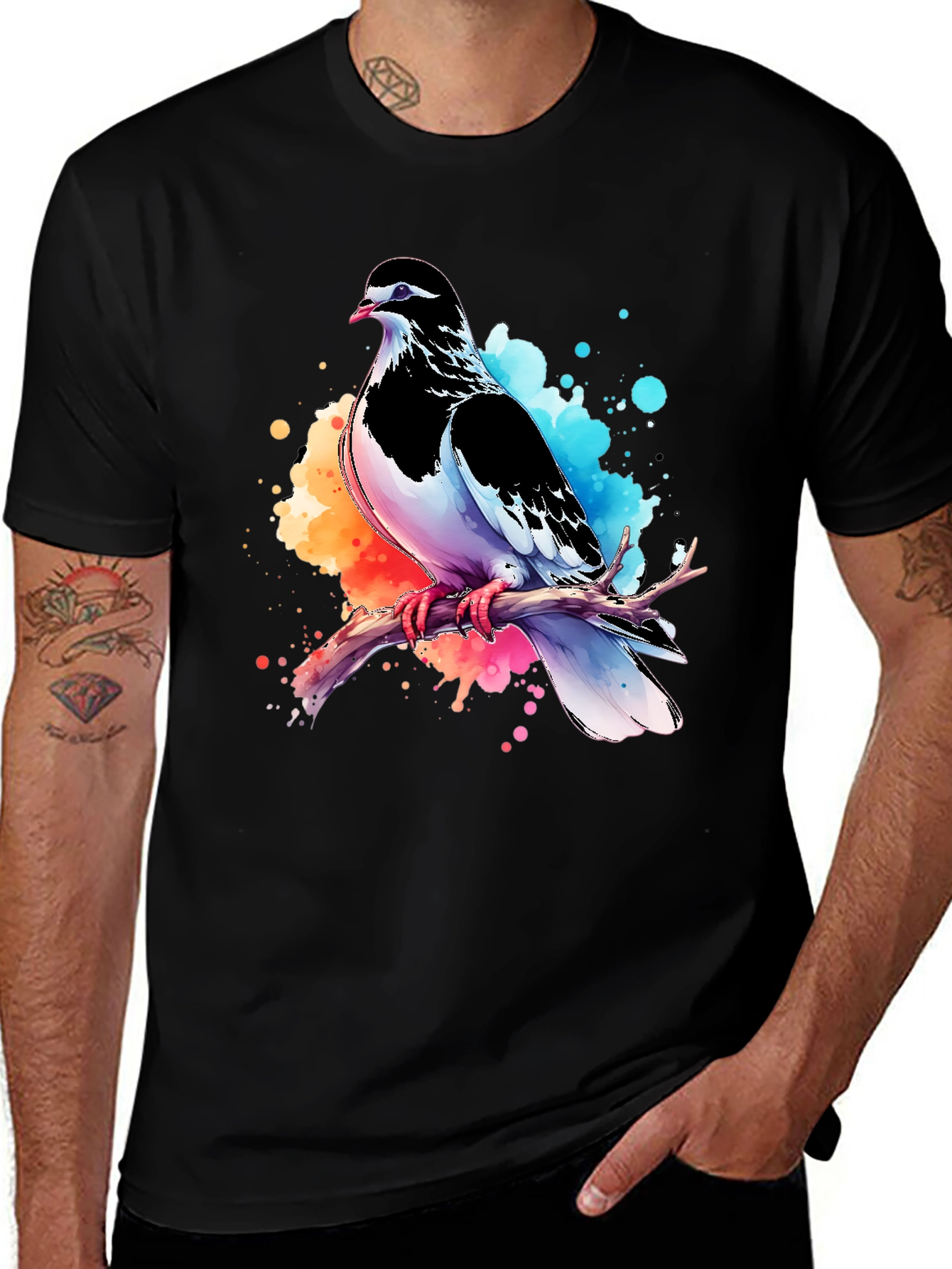 Variant 17 of Pigeon Watercolor Graphic Tee - Men's Black T-Shirt