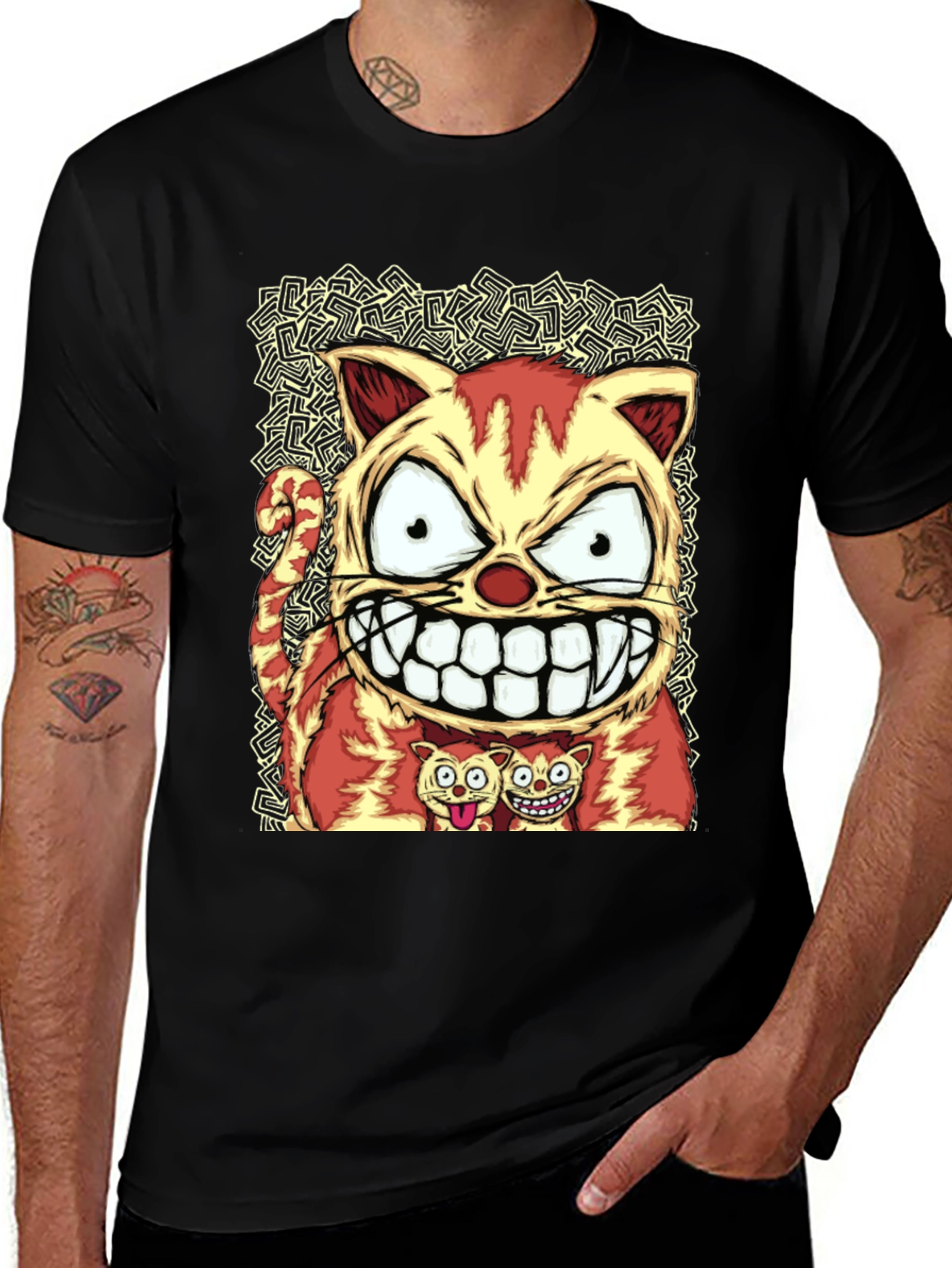 Variant 9 of Cartoon Cat Graphic Tee - Black Cotton Blend