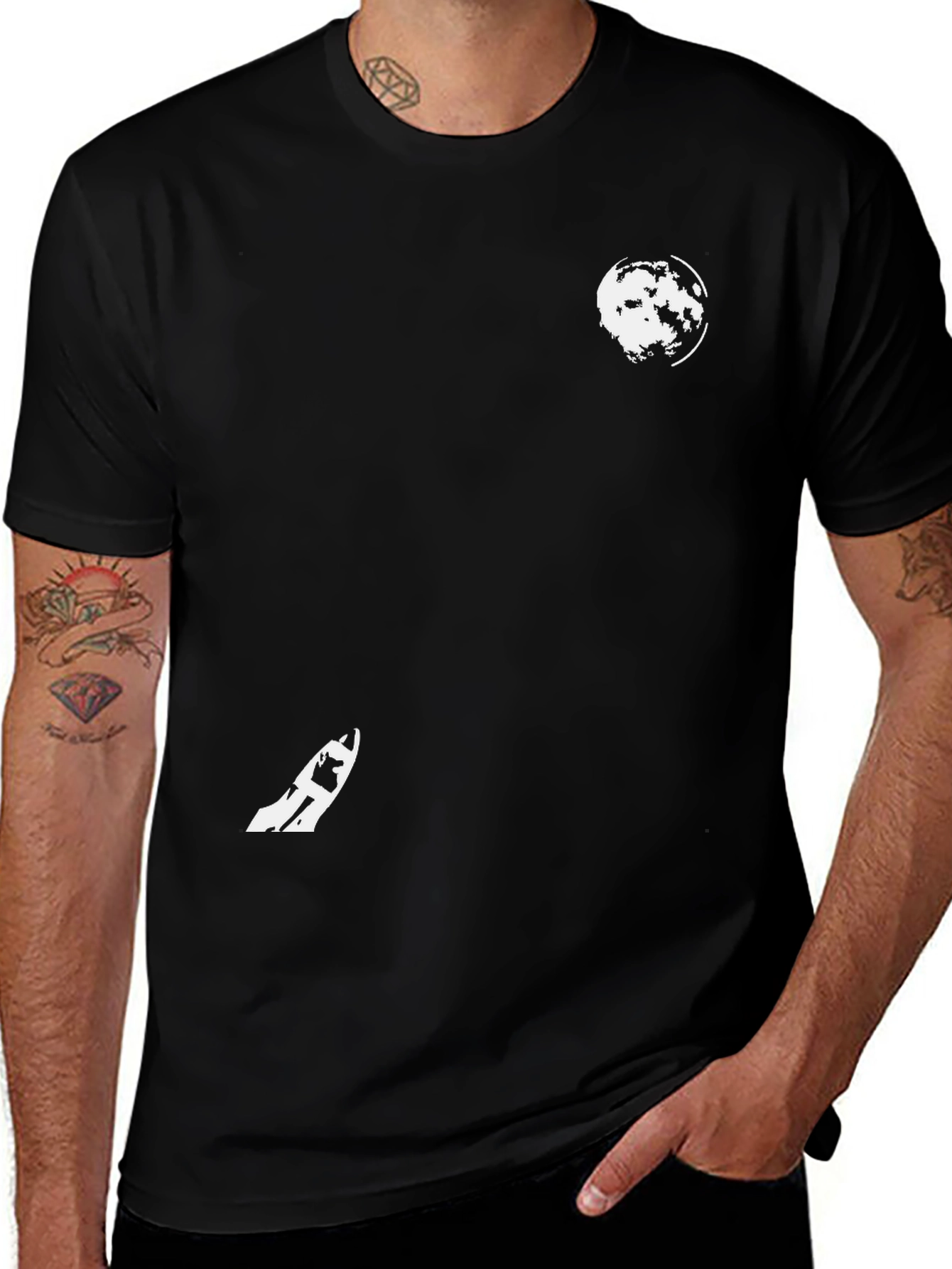 Variant 17 of Black Graphic Tee - Moon & Skateboard Design