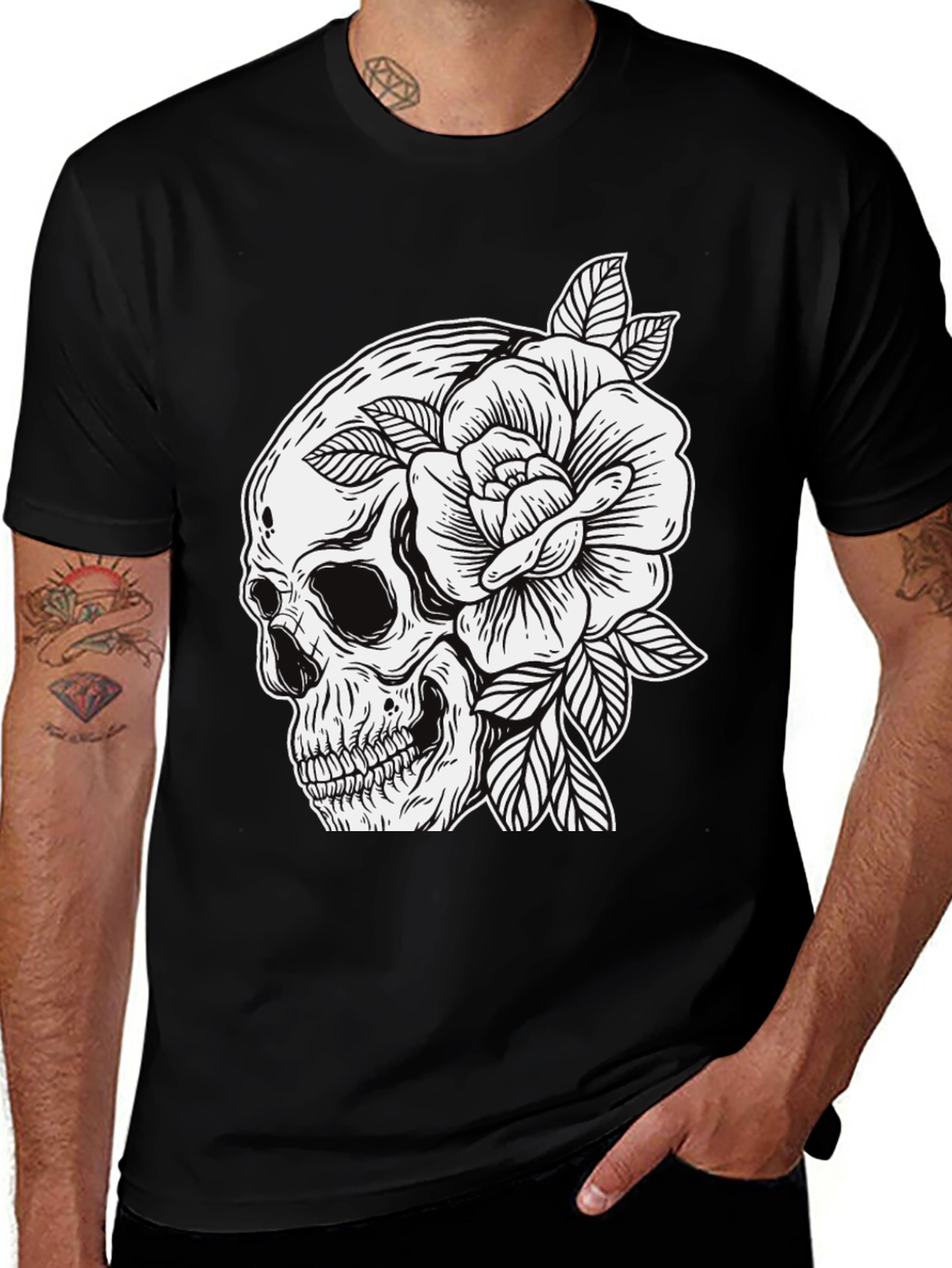 Variant 23 of Skull & Rose Graphic Tee - Edgy Men's Fashion