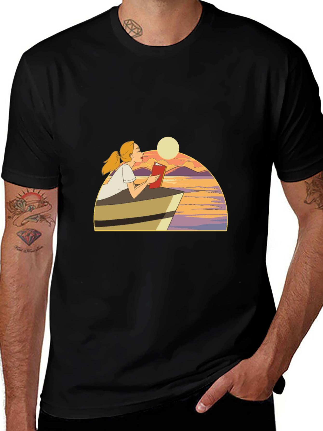 Variant 23 of Sunset Reader Graphic Tee - Stylish Black T-Shirt