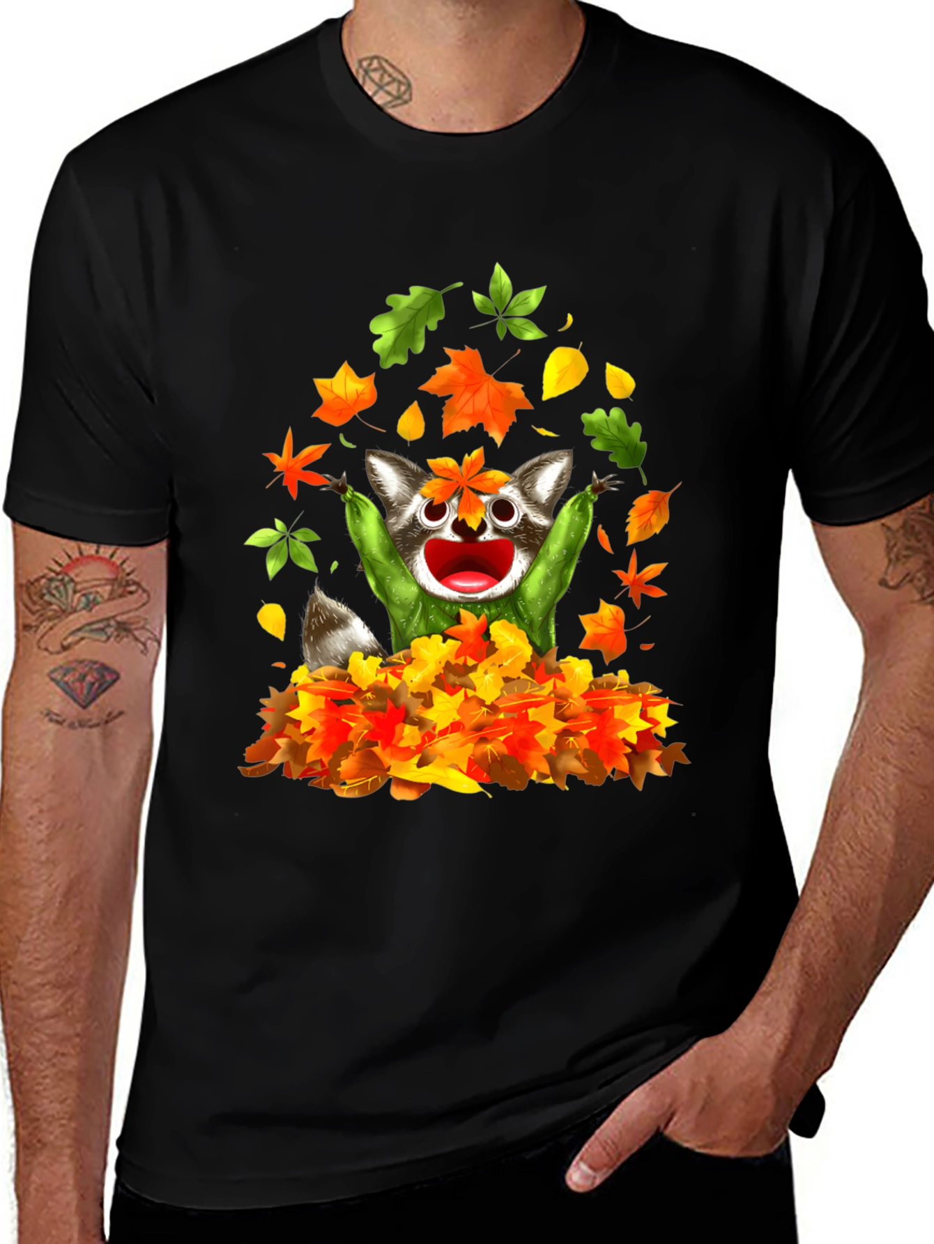 Variant 3 of Raccoon Leaves Graphic T-Shirt - Autumn Fun