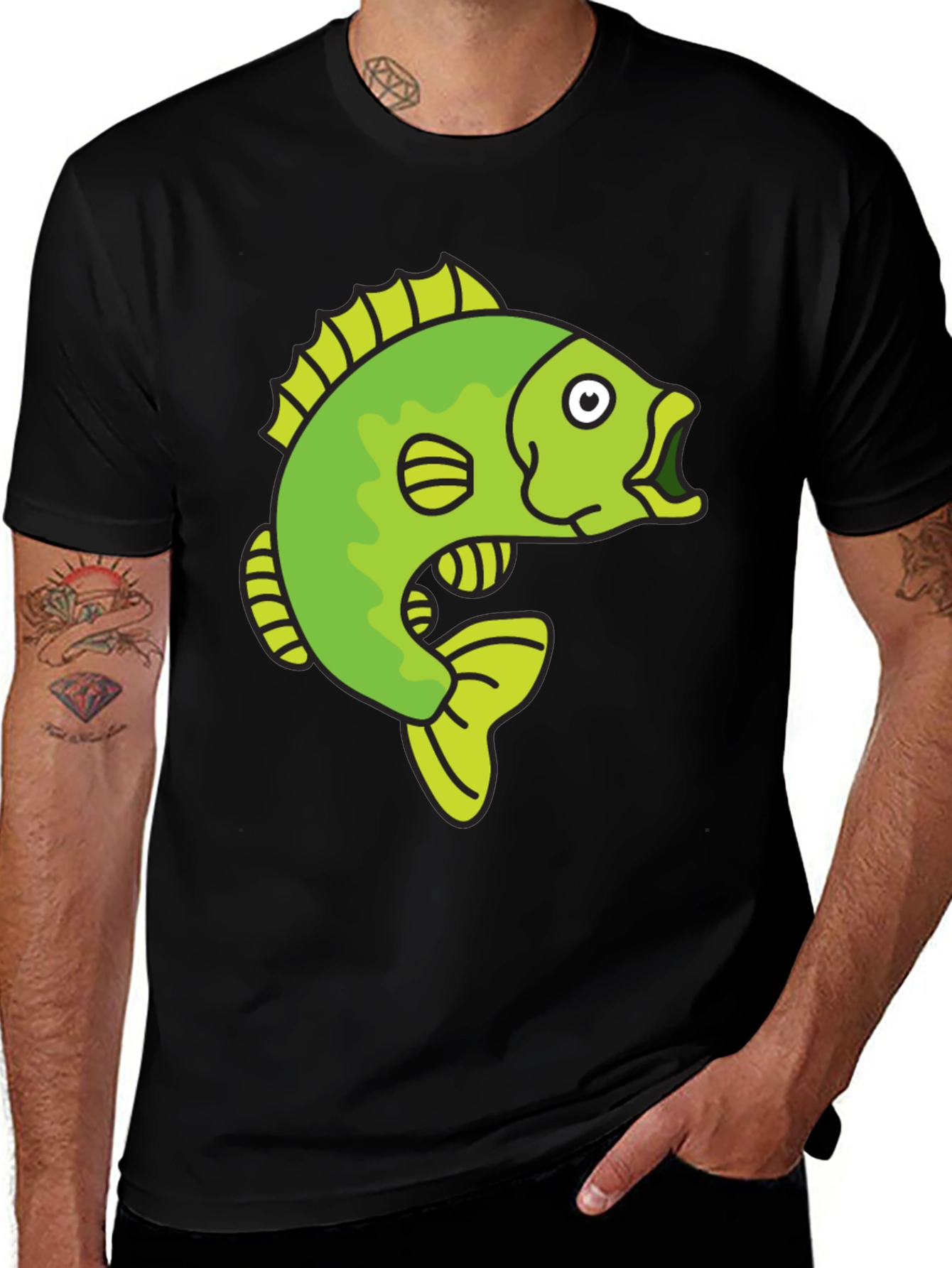 Variant 16 of Funny Cartoon Fish Graphic Black T-Shirt