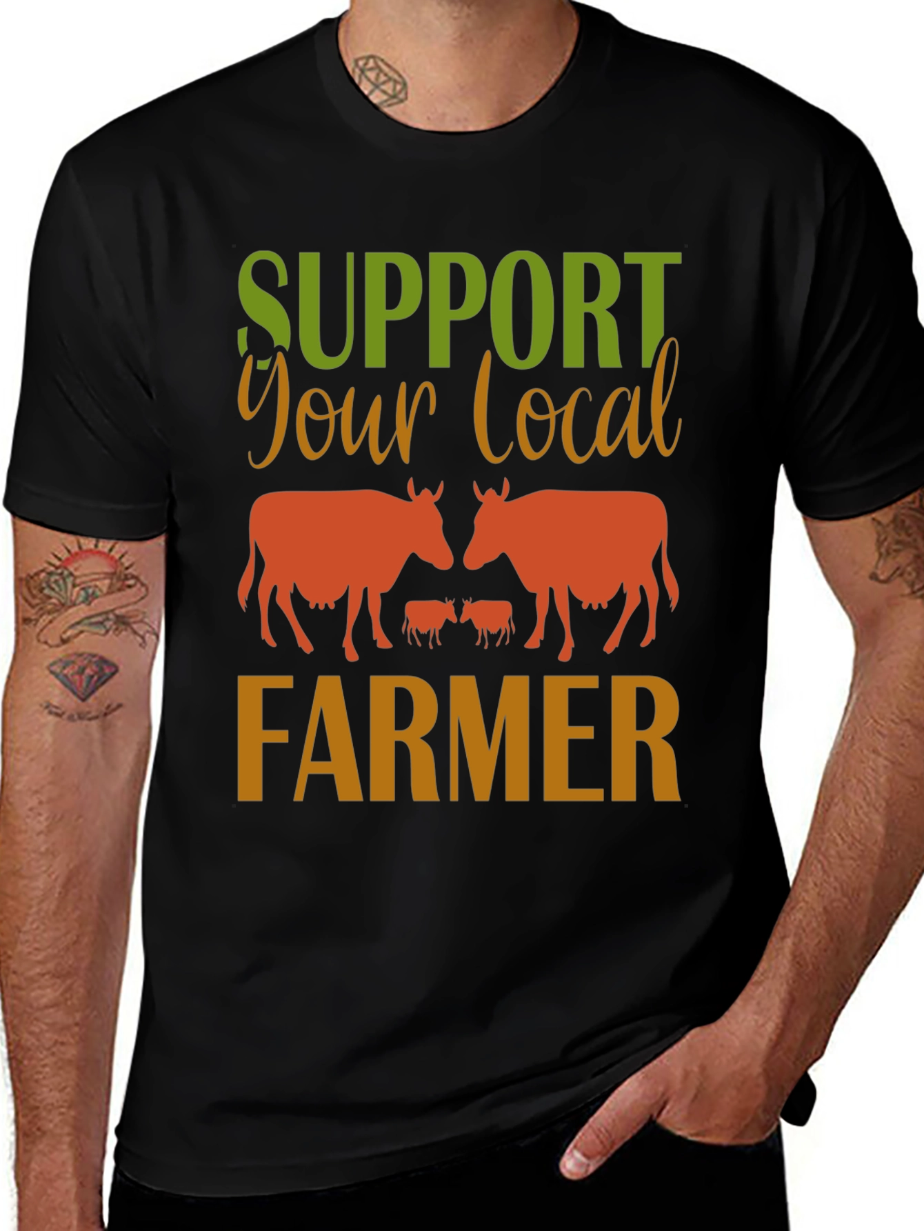 Variant 15 of Support Local Farmer Black T-Shirt - Farm Animal Design