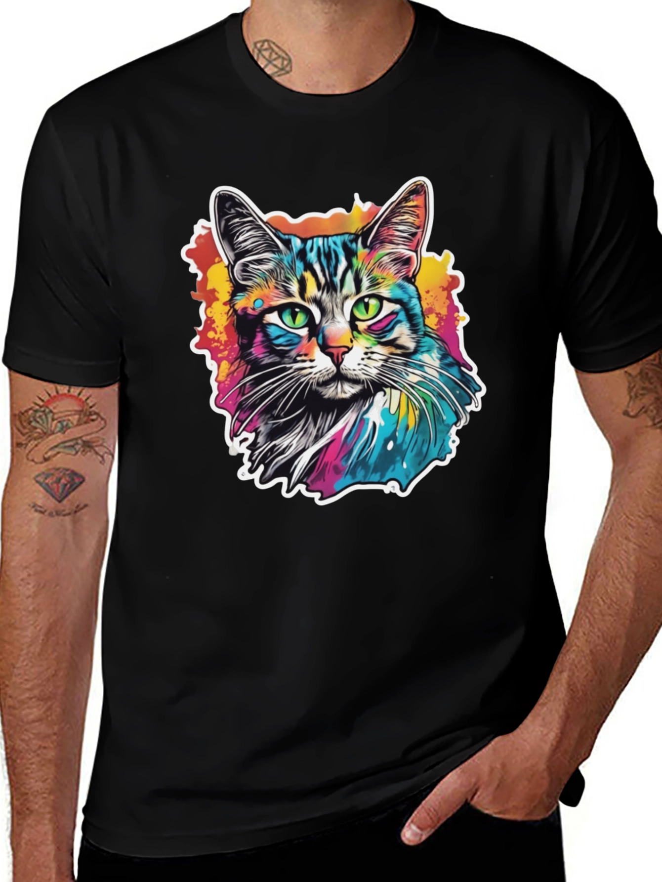 Variant 14 of Psychedelic Cat Graphic Black T-Shirt
