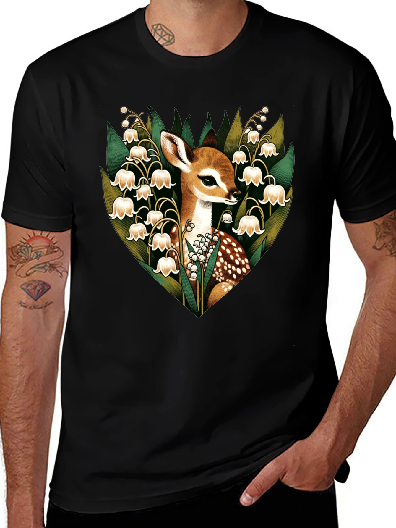 Black Deer & Lily of the Valley Graphic T-Shirt main image