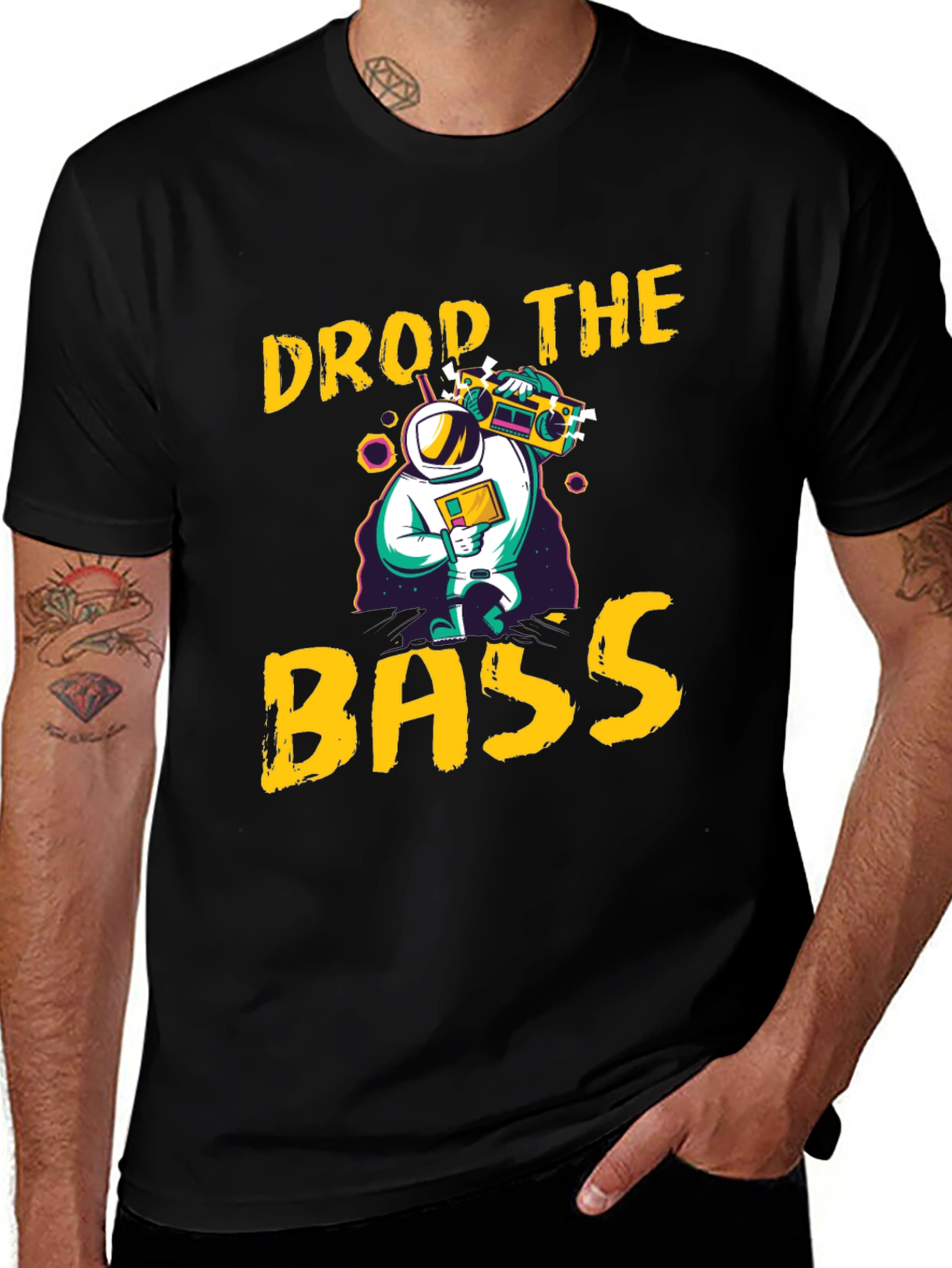Variant 8 of Drop The Bass Graphic Tee - Retro Astronaut Design