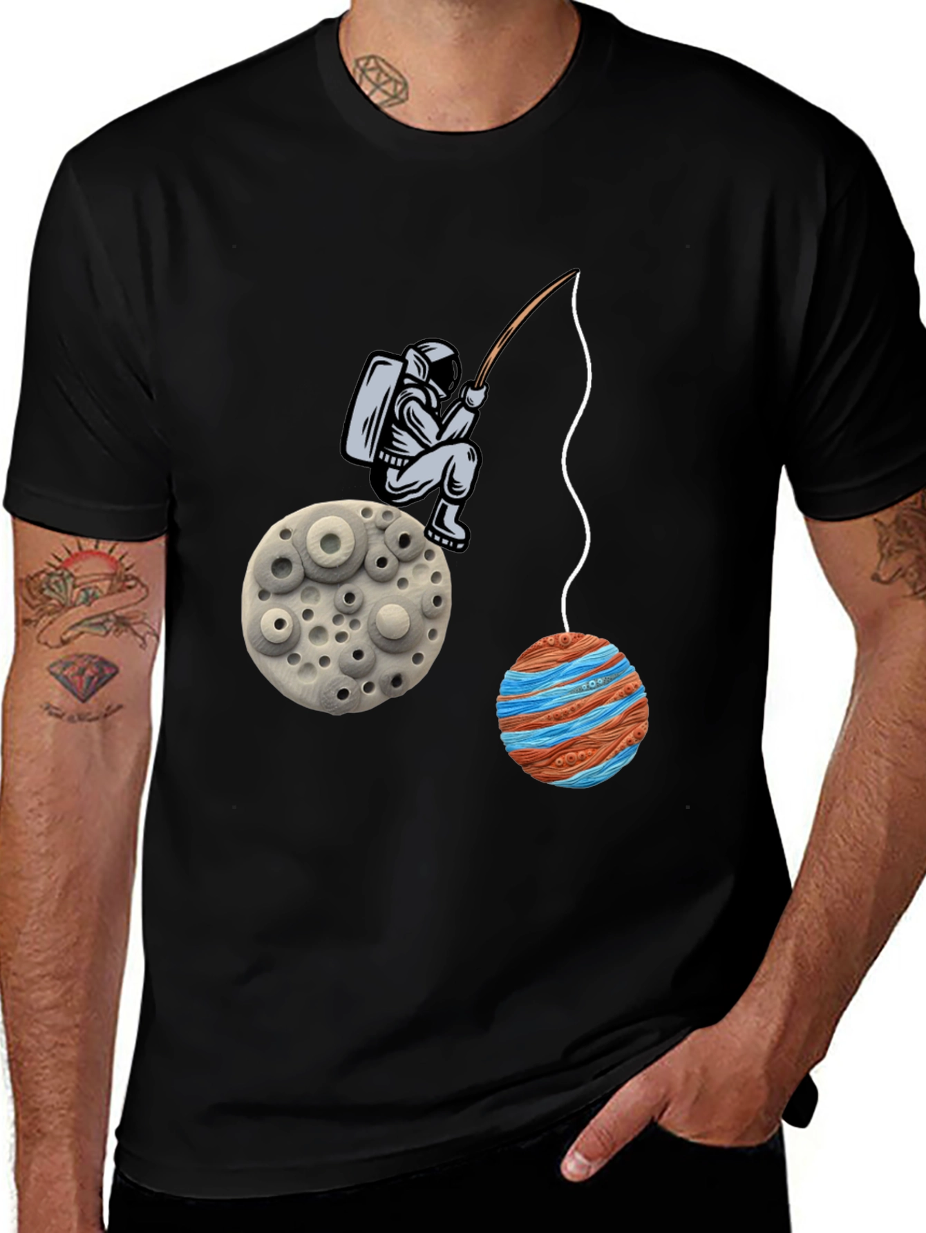 Black Astronaut Fishing Planet Graphic T-Shirt main image