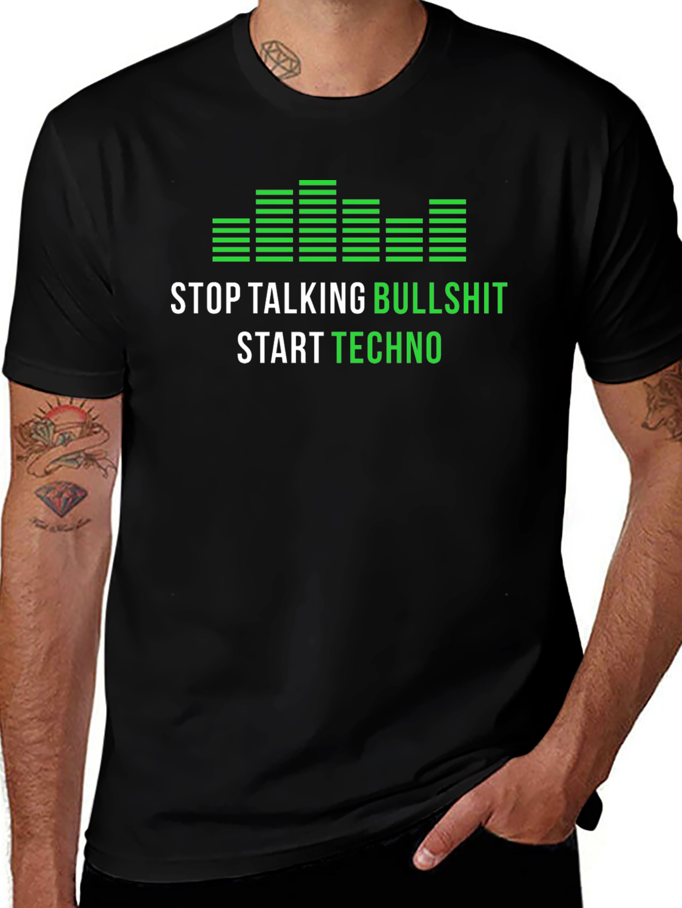 Variant 19 of Stop Talking Bullshit Start Techno T-Shirt