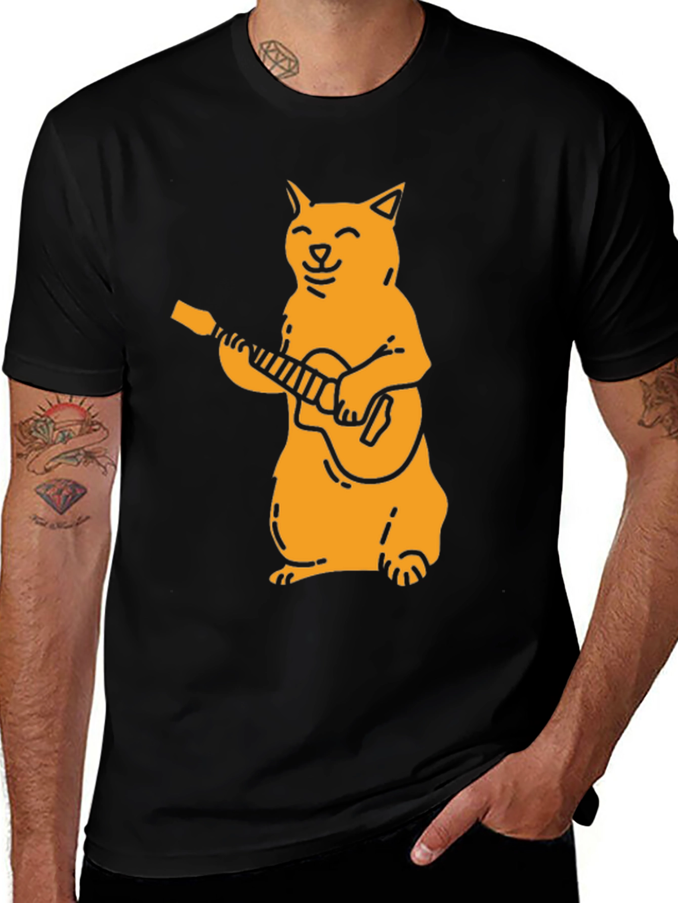 Variant 14 of Cat Guitarist Graphic Tee - Black Cotton T-Shirt
