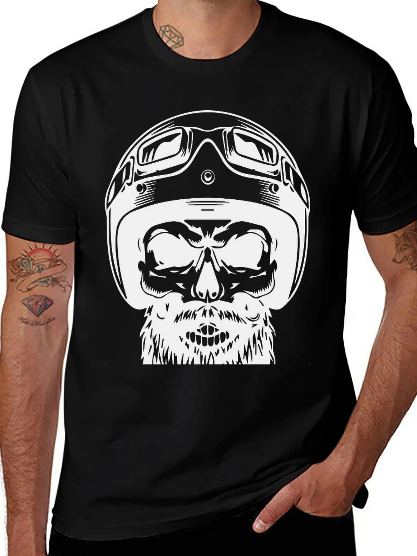 Black Skull Helmet Graphic Tee - Black Cotton T-Shirt main image