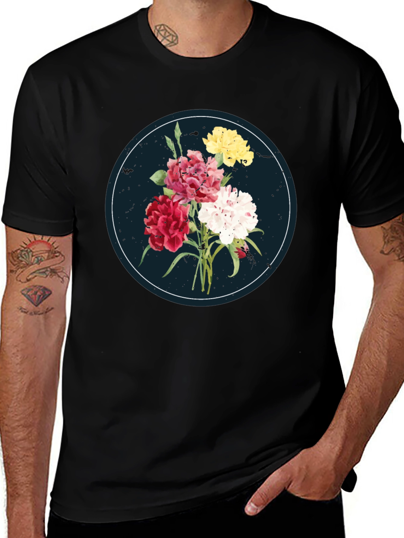 Variant 6 of Floral Bouquet Graphic Tee - Stylish Men's Black T-Shirt