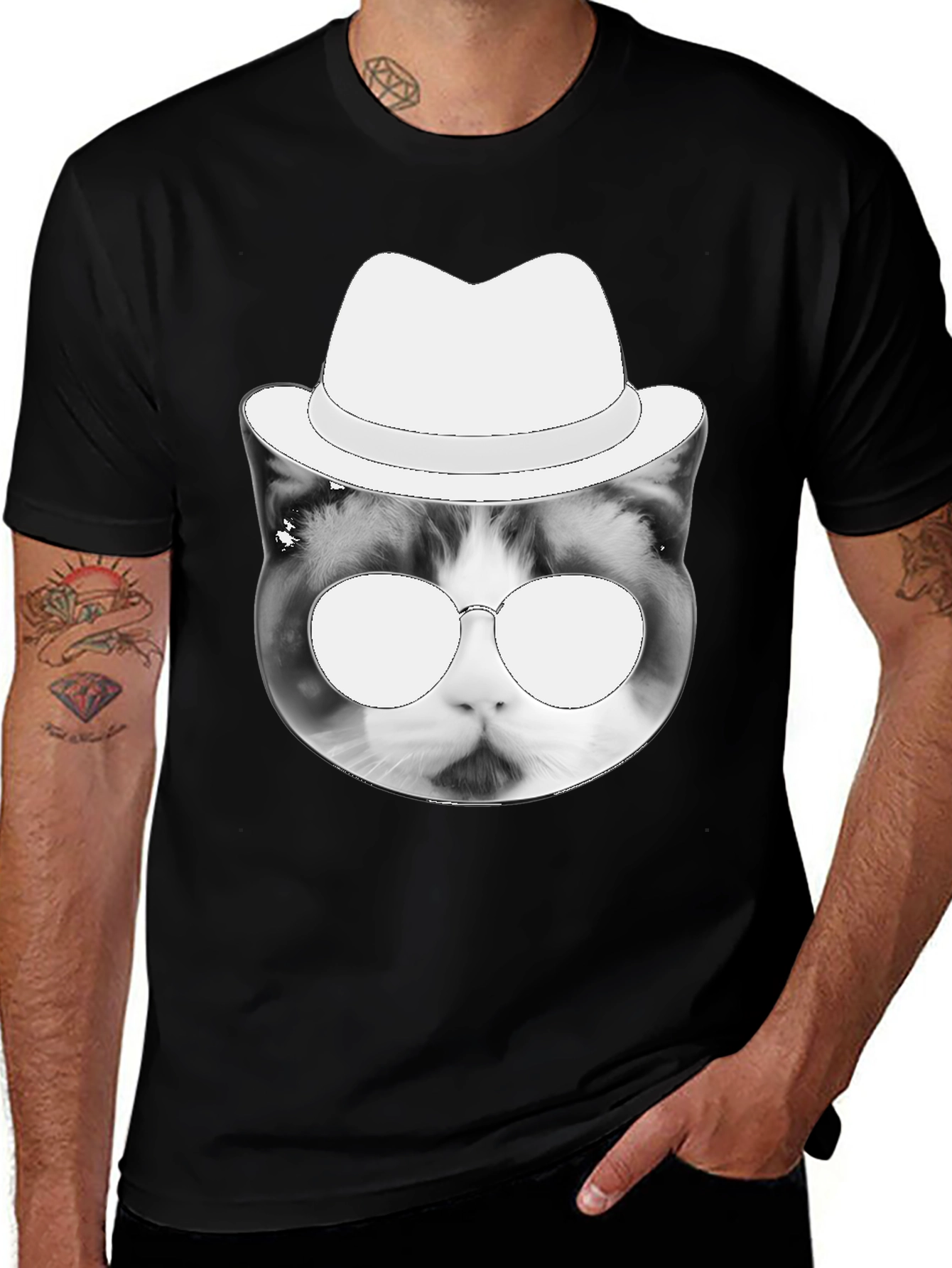 Variant 19 of Cool Cat Tee: Black T-Shirt with Cat in Hat Graphic