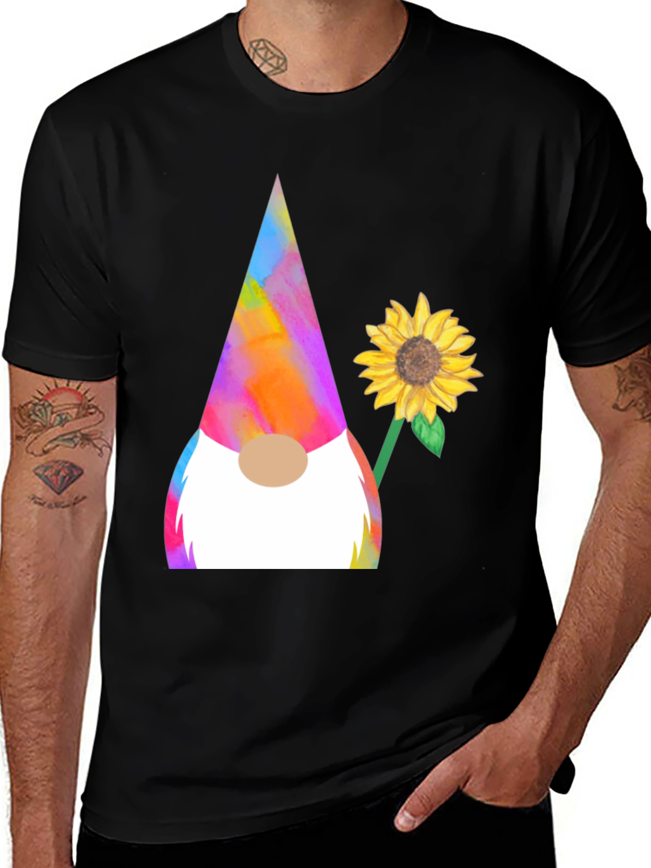 Variant 23 of Gnome and Sunflower Graphic Tee - Quirky Men's T-Shirt