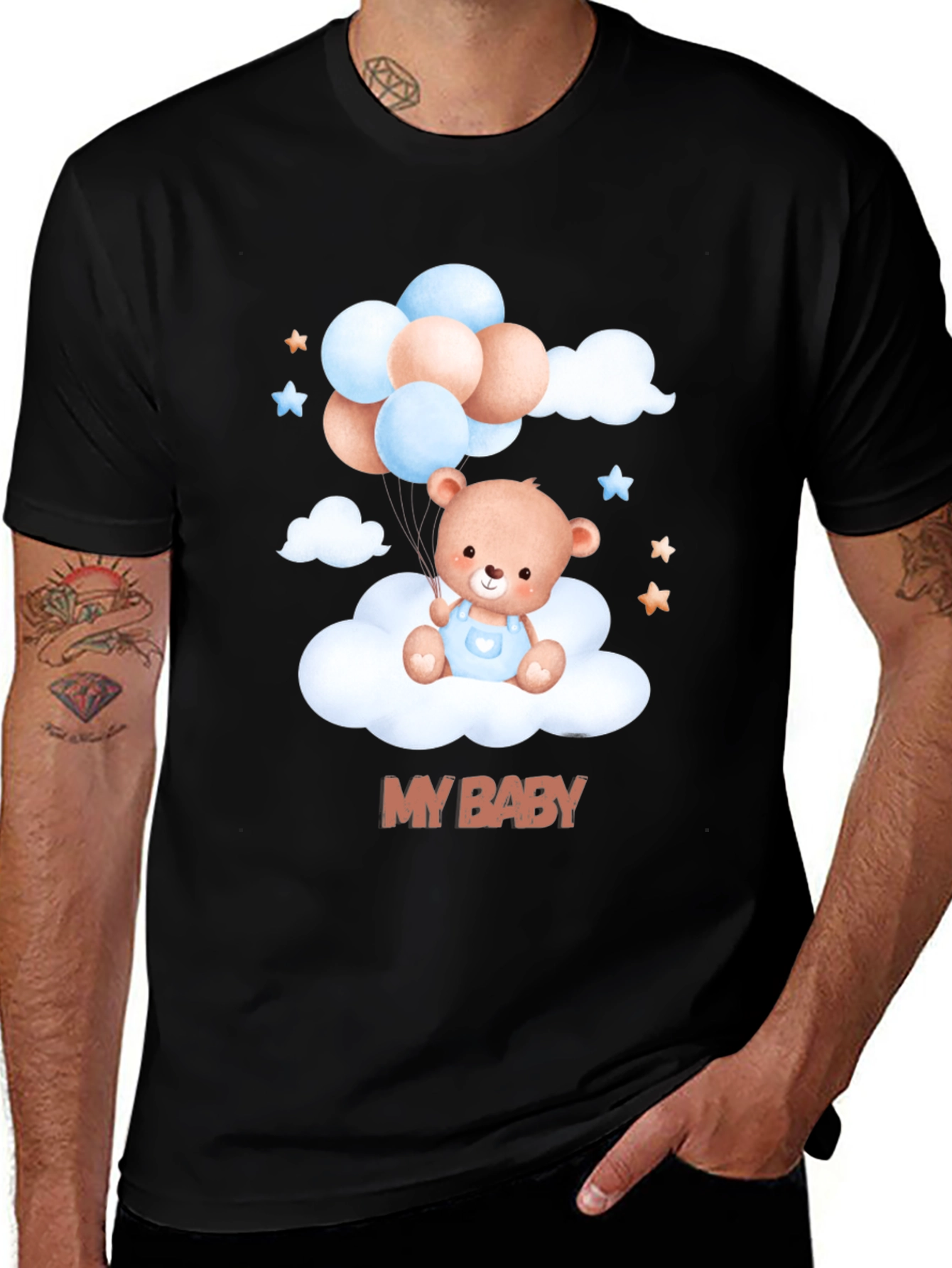 Black Cute "My Baby" Bear & Balloons Black T-Shirt main image