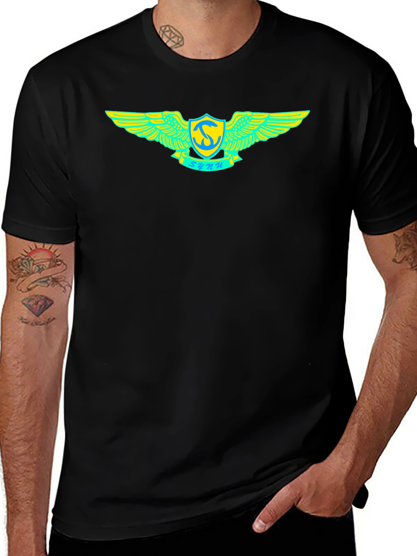 Black T-Shirt with Winged Emblem Design