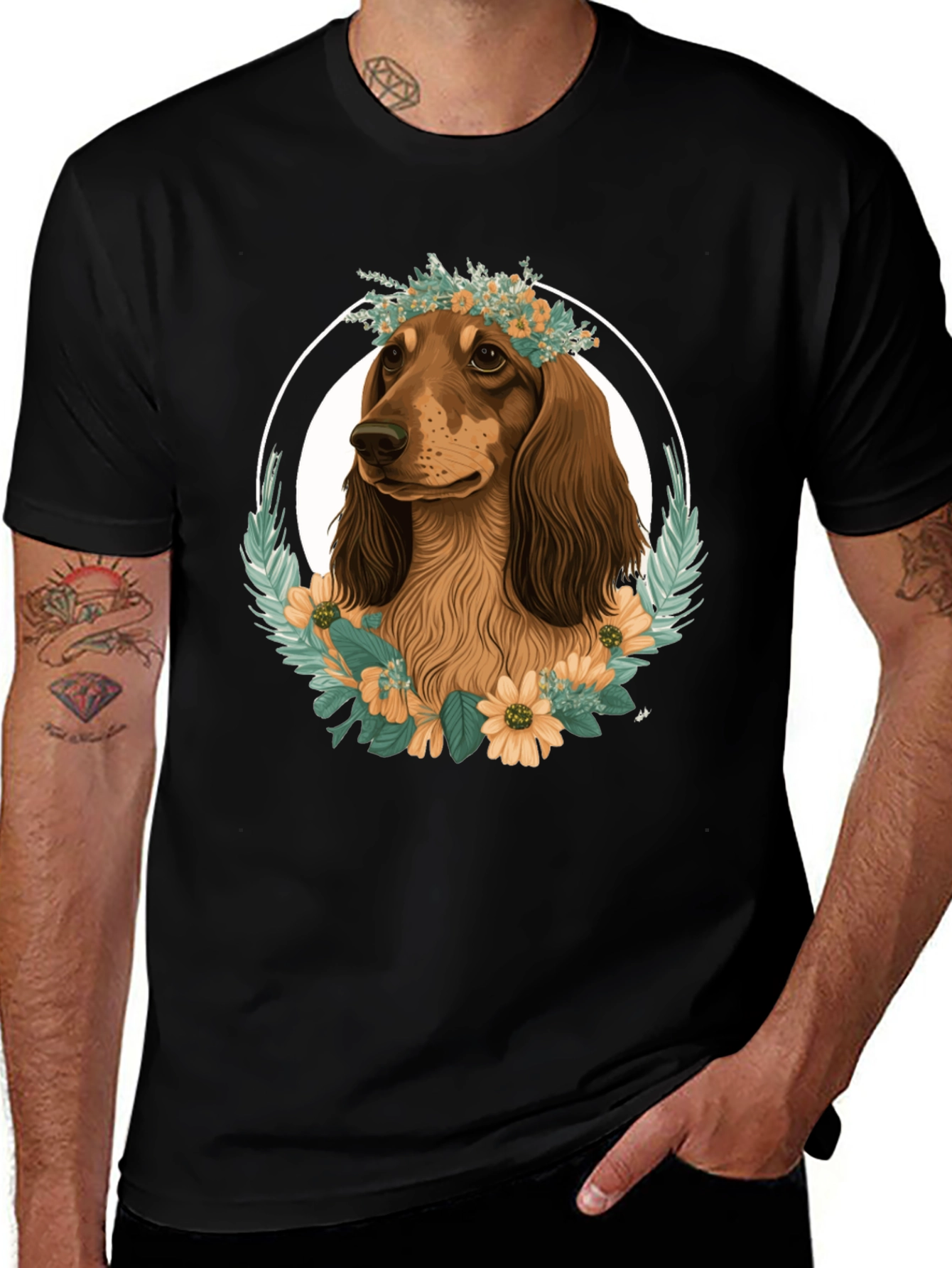 Dachshund Floral Wreath Graphic Tee