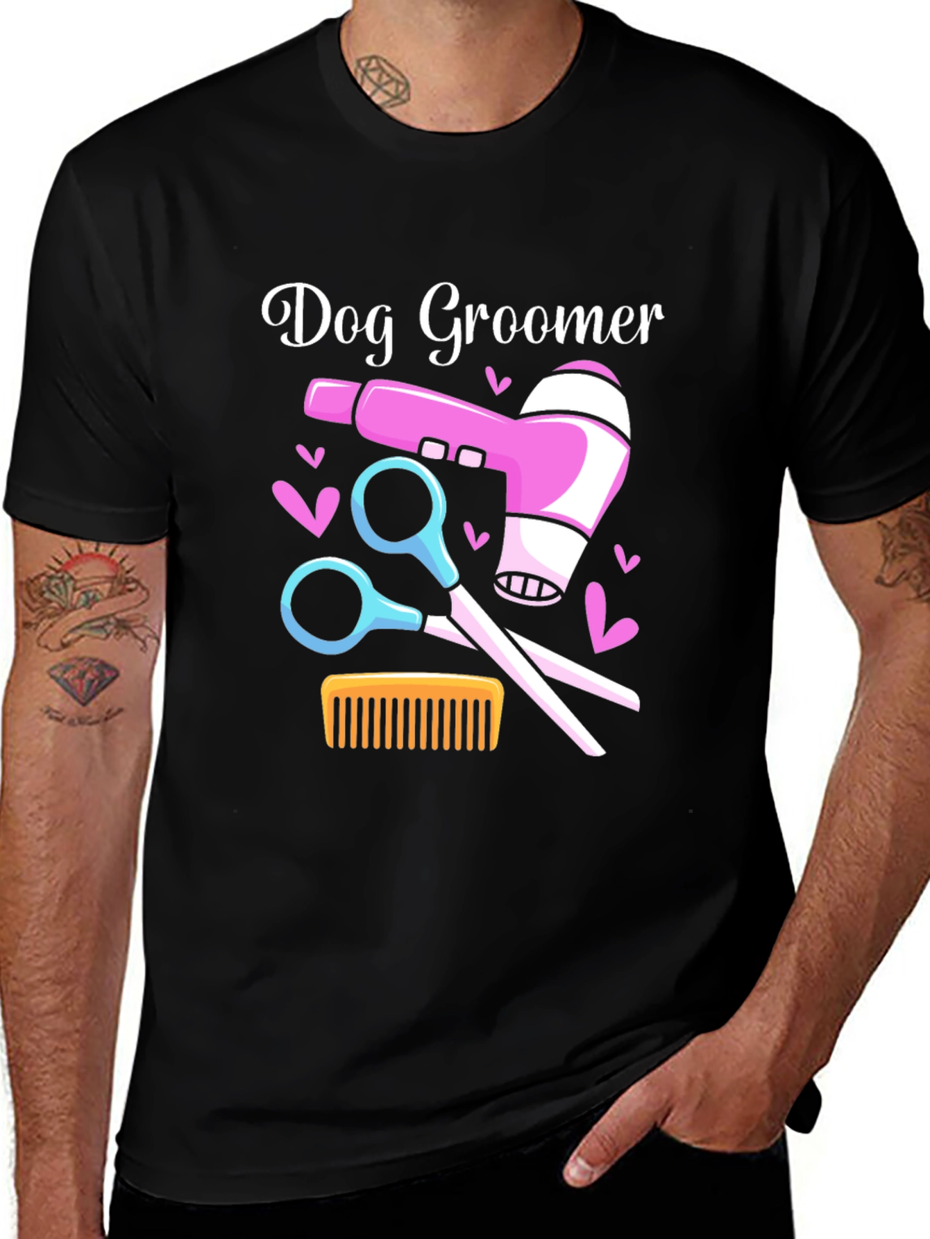 Variant 17 of Dog Groomer T-Shirt: Hair Dryer, Scissors, Comb Design