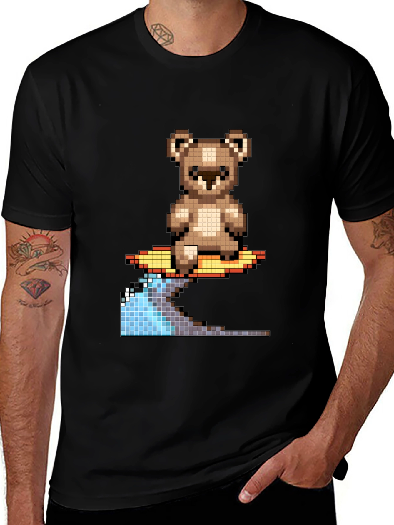 Variant 28 of Pixel Art Surfing Bear Graphic Tee - Black