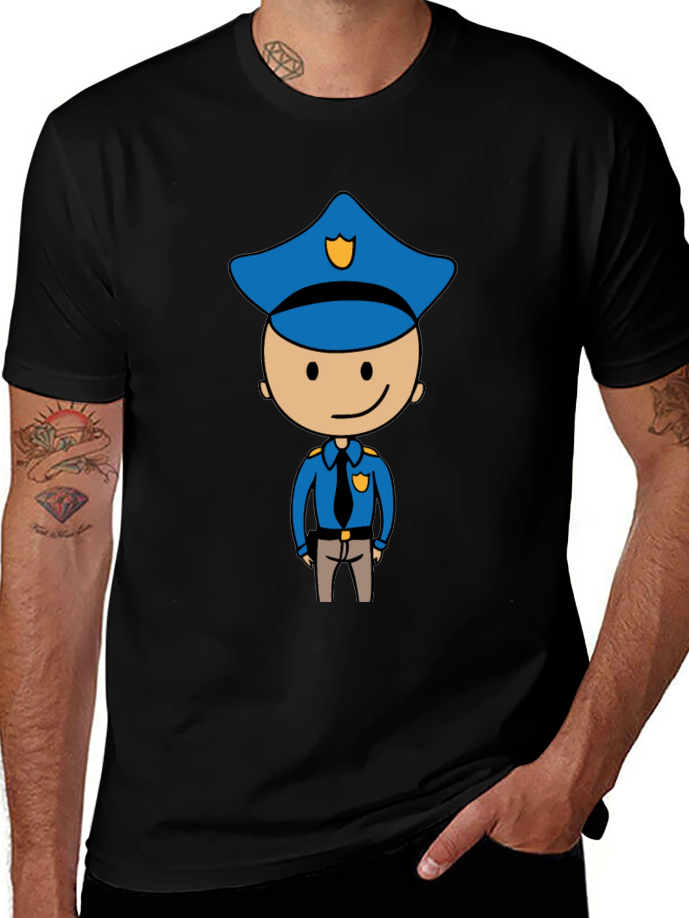 Variant 27 of Cartoon Cop Graphic Tee - Black Cotton T-Shirt